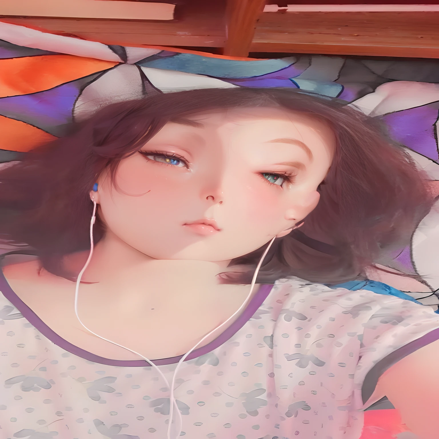 arafed woman laying on a bed with headphones on and a colorful background, 25 years old, with cute - fine - face, profile image, beautiful cute, cute pout, cute beautiful, ruan cute vtuber, 25 years old, profile pic, pale-skinned persian girl, with kind face, khyzyl saleem ,big eyes
