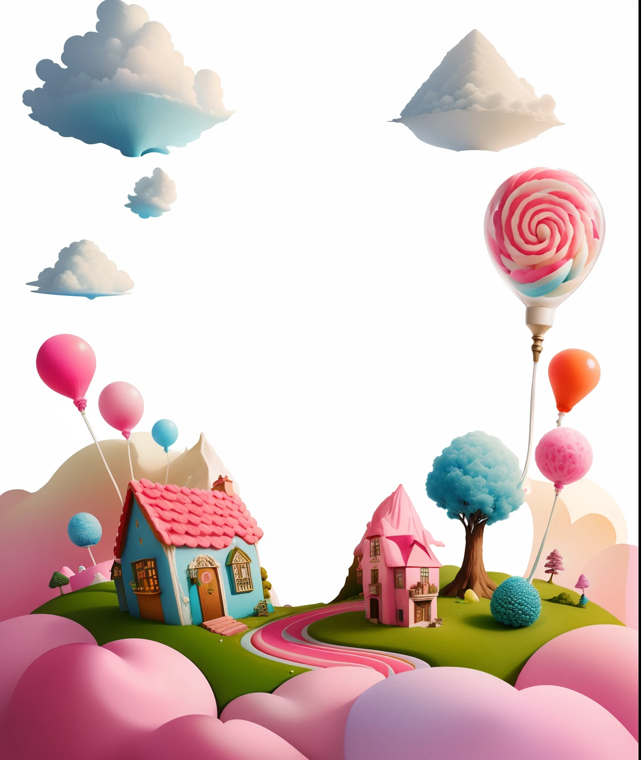 There is a picture of a land of sweets with a house and a lot of sweets, em uma casa estilo terra doce, Terra dos Doces, Candyland, fundo isolado, key is on the center of image, magically shaped surrealism, fundo surreal, Arte de fundo, fundo do surrealismo, fundo da casa, Nas nuvens brancas Fairyland, muito surreal