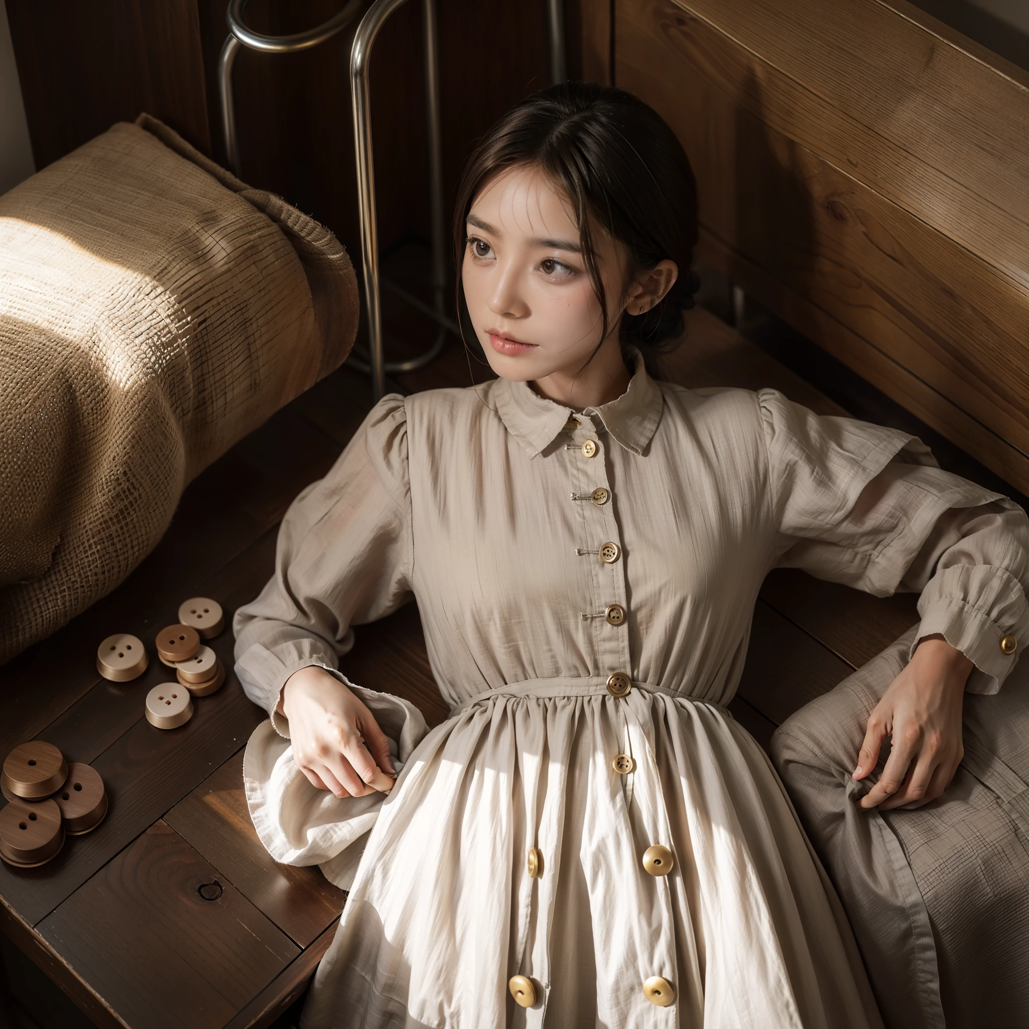 The dress is made of wooden buttons, plastic, metal e tecido. The wooden buttons are a shade of light brown, the plastic ones are colored, the metal ones are silver and gold, and those of cloth are of cotton and linen.