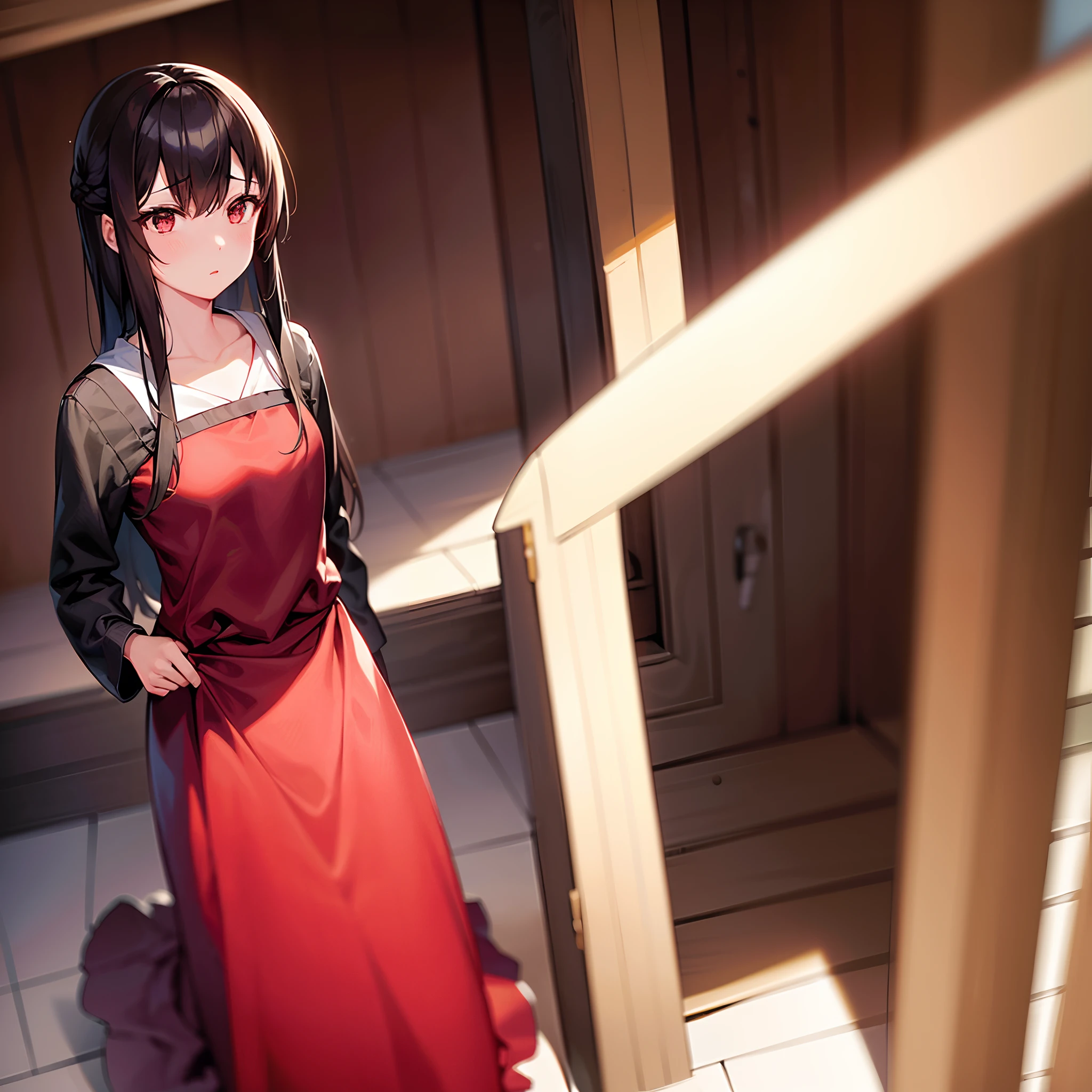1 girl, Shinomiya Kaguya, Cabelo preto, corte curto, Red ribbon, vestido preto, olhos vermelhos, standingn, ao ar livre, alta qualidade, obra prima, qualidade extrema