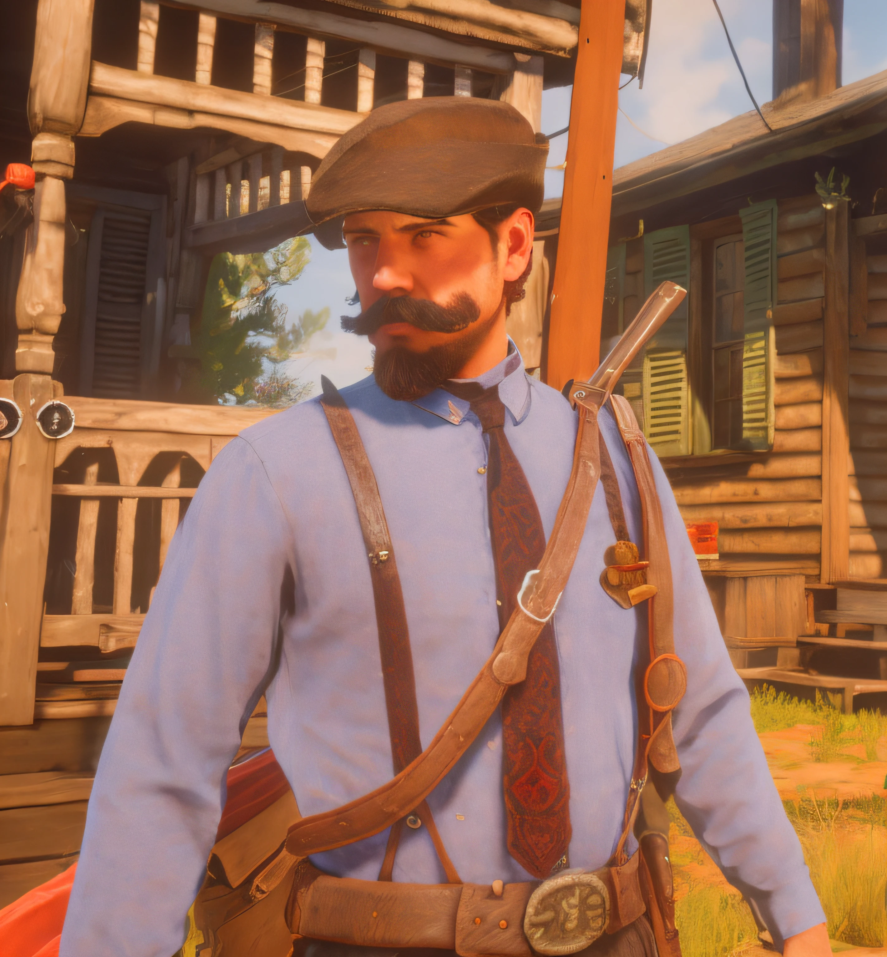 there is a man with a beard and a hat and a tie, 40's adventurer, in red dead redemntion 2, rdr 2 mod, blacksmith's outfit, in red dead redemption 2, arthur morgan, in game style 8k, in game, squinting at high noon, new character, close up character, old timey