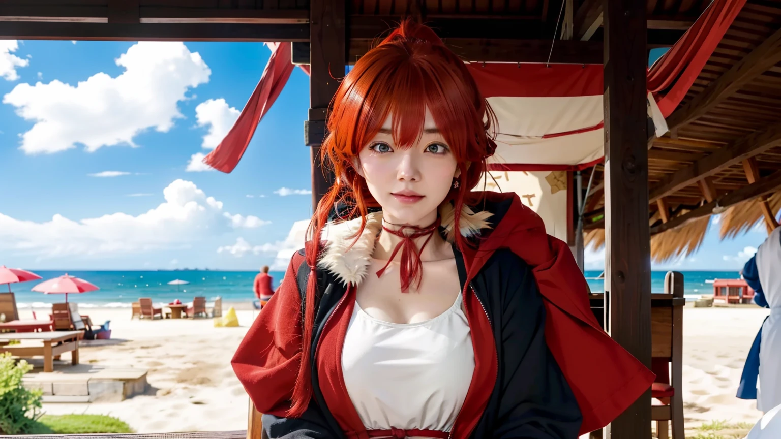 sit on beach, Little anime girl with red hair and red eyes, mushoku tensei, Ayaka Genshin Impact, ( ( ( yoshinari yoh ) ) ), megumu okada, Shirabii, Rin, popular isekai anime, in the anime film, Isekai, Mai Yoneyama, katsushika, cunning expression, Reflecting the whole body