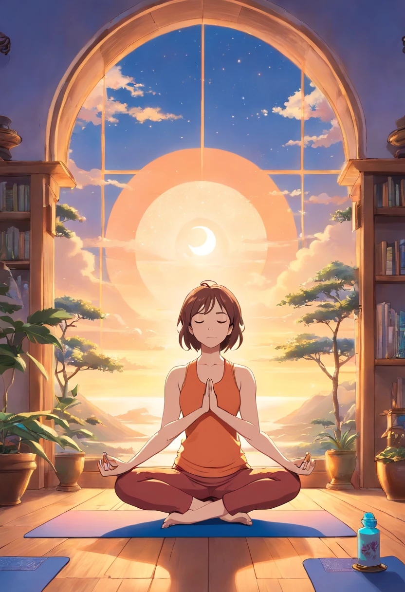 ((Mulher fazendo yoga ao amanhecer)), (ethereal sensation), (Mat, posturas), (Mulher em seus 30 anos, Sky at dawn, silhueta, tapete de yoga).