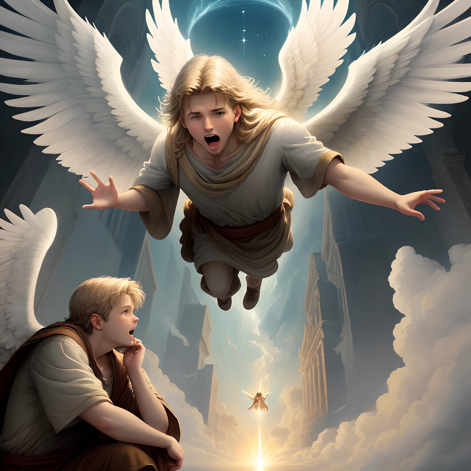 Daniel terrified seeing an angel descending from heaven,bible illustration,Epic depiction,beautiful depiction