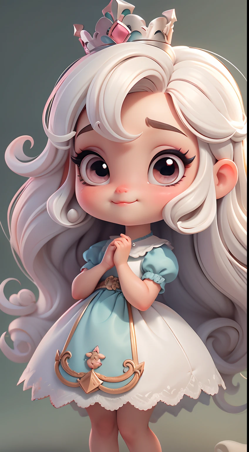 Create a series of cute  style chibi dolls with a cute reign theme, each with lots of detail and in an 8K resolution. All dolls should follow the same solid background pattern and be complete in the image, mostrando o (corpo inteiro, incluindo as pernas: 1.5)

Boneca Mini princesa: Chame-a de Marina. Ela deve ter cabelos longos. Seus olhos devem ser grandes e expressivos, with long eyelashes and rosy cheeks. Sorriso delicado e branco. modern accessories. Marina deve estar vestida com um vestido detalhado. She must carry princess accessories. Certifique-se de adicionar detalhes nas roupas, como saias e brilho, sapatilha bonito

Certifique-se de adicionar sombras, texturas e detalhes nos cabelos, roupas, Princess utensils, to make them even more adorable and charming.