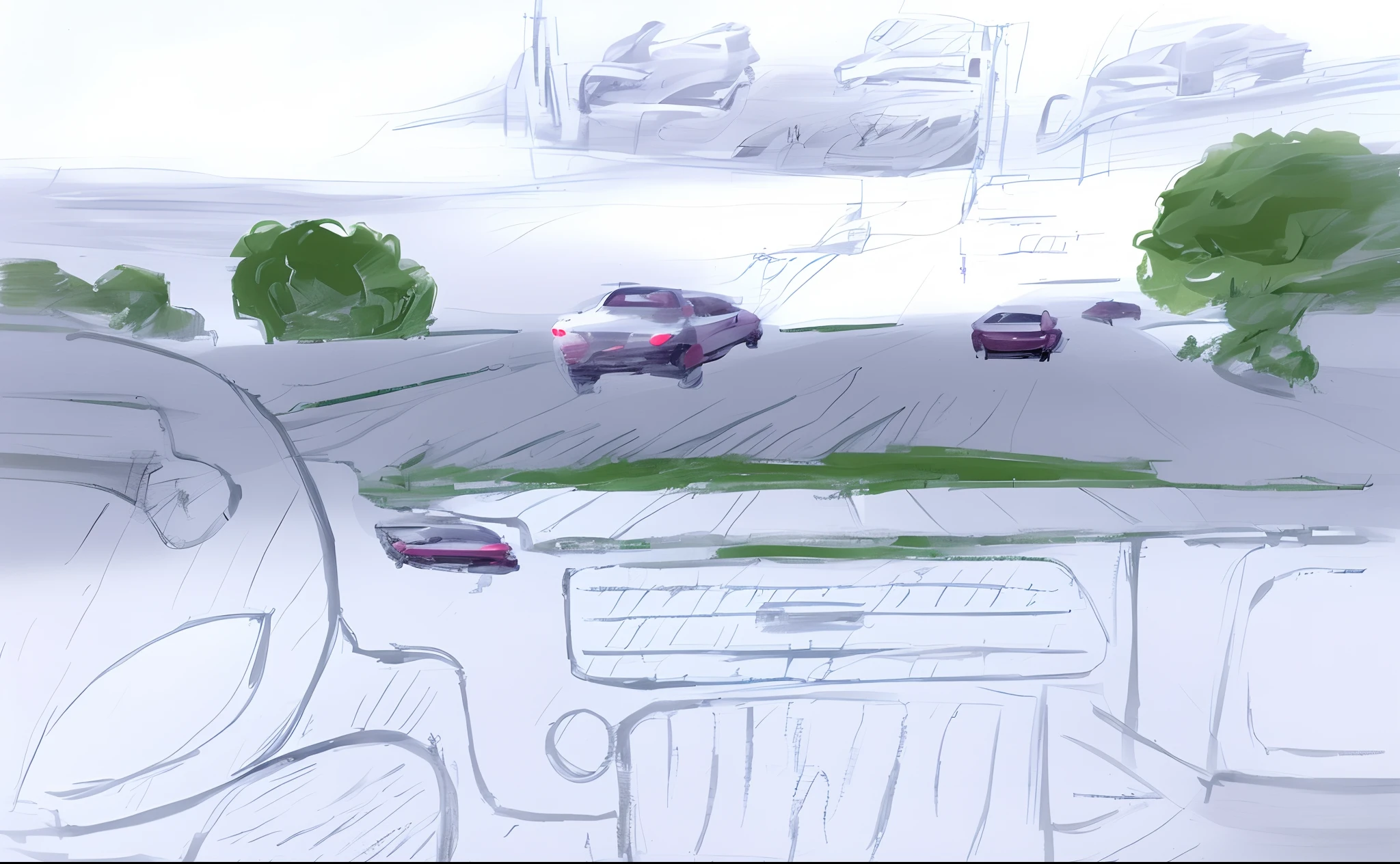 um desenho de um carro dirigindo por uma estrada com vista para uma cidade, carro na estrada, carros na estrada, car sketch, Dirigindo pela cidade, perspectiva da paisagem, Paisagem de uma janela do carro, driving, driving fast, rough sketch, viewed through the cars window, action perspective concept, traffic in background, professional sketch, Perspectiva de 1 ponto, conceitual