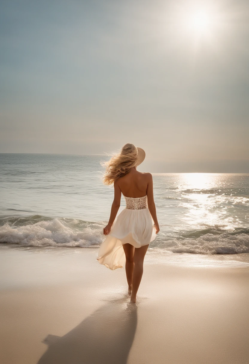 Imagine a strikingly beautiful woman gracing the beach with her presence. She has long, flowing, sun-kissed blonde hair that dances in the gentle sea breeze. Her captivating brown eyes mirror the depth of the ocean, glistening with a sense of adventure and wonder.

She's dressed in a mini skirt, its fabric matching the color of the golden sands beneath her feet. The skirt gently sways with each step she takes, revealing her sun-kissed legs, perfectly toned and adorned with a subtle, golden tan.

Her confidence radiates as she walks along the shoreline, leaving delicate footprints in the wet sand. The sun's warm embrace kisses her skin, leaving a soft, healthy glow on her cheeks. Her smile is infectious, as she enjoys the serenity of the beach and the sound of the waves crashing against the shore.

The beachgoers can't help but admire her effortless beauty, as she epitomizes the carefree spirit of summer. She embodies the very essence of the beach - a place where natural beauty meets the tranquil harmony of the sea.