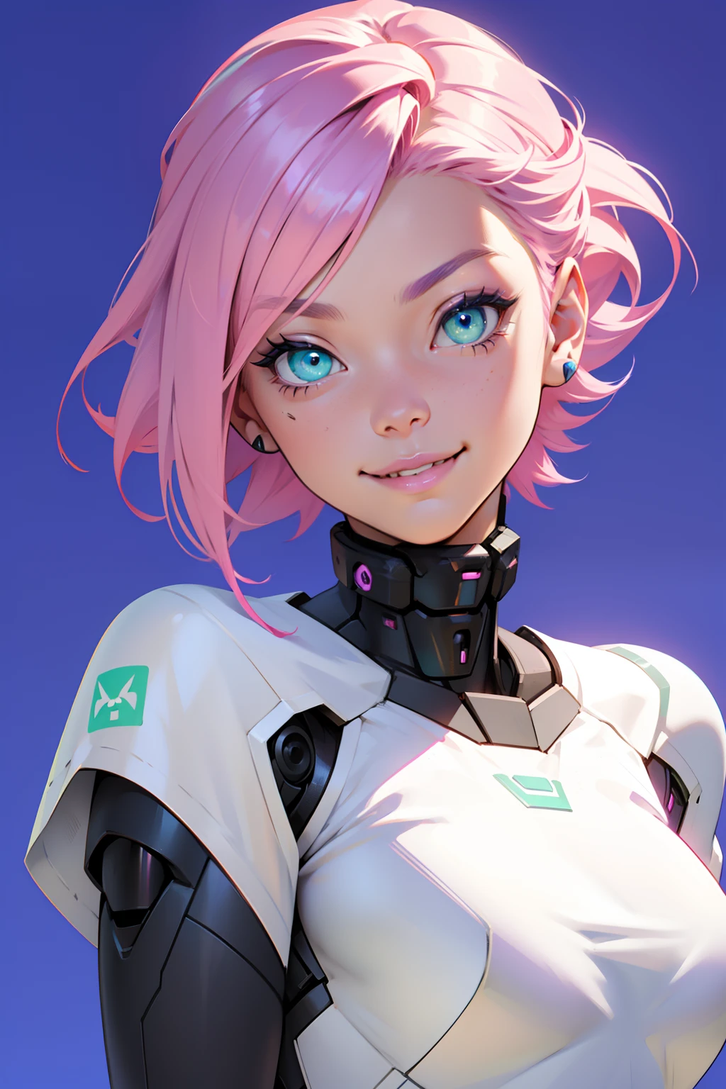 a robotic fantasy girl with robotic face, pink hair style, wearing a white t shirt, happy face and little smile with blue lips, big green eyes, simple purple background, make it for NFT market