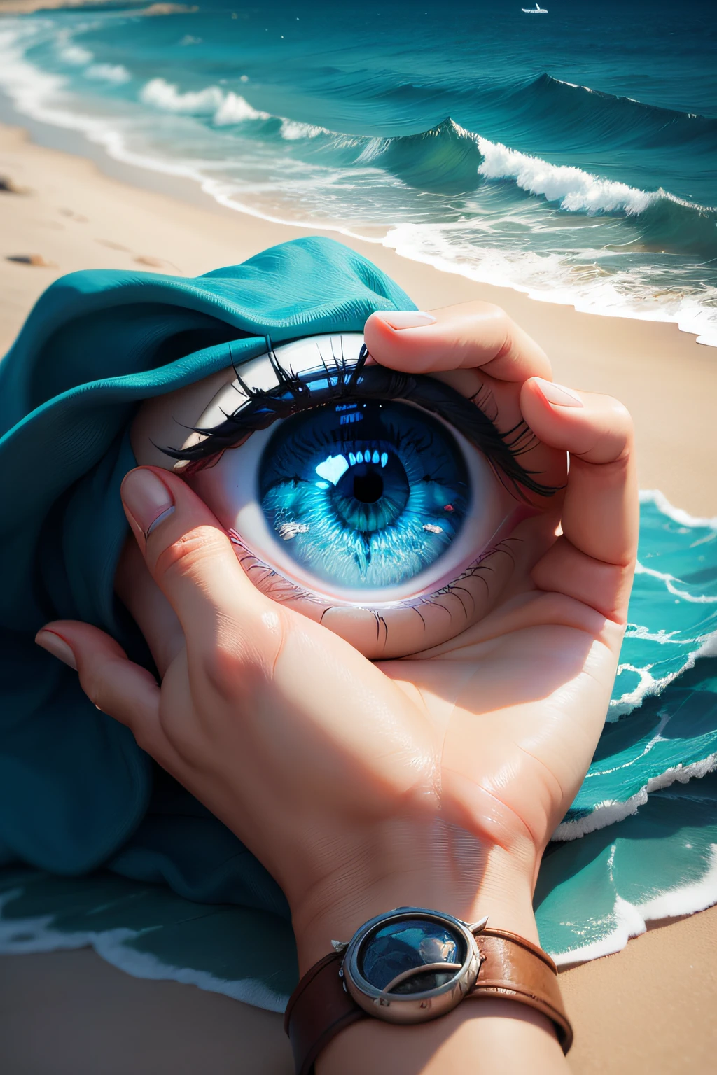 eye, sea, paint, hands, 8k