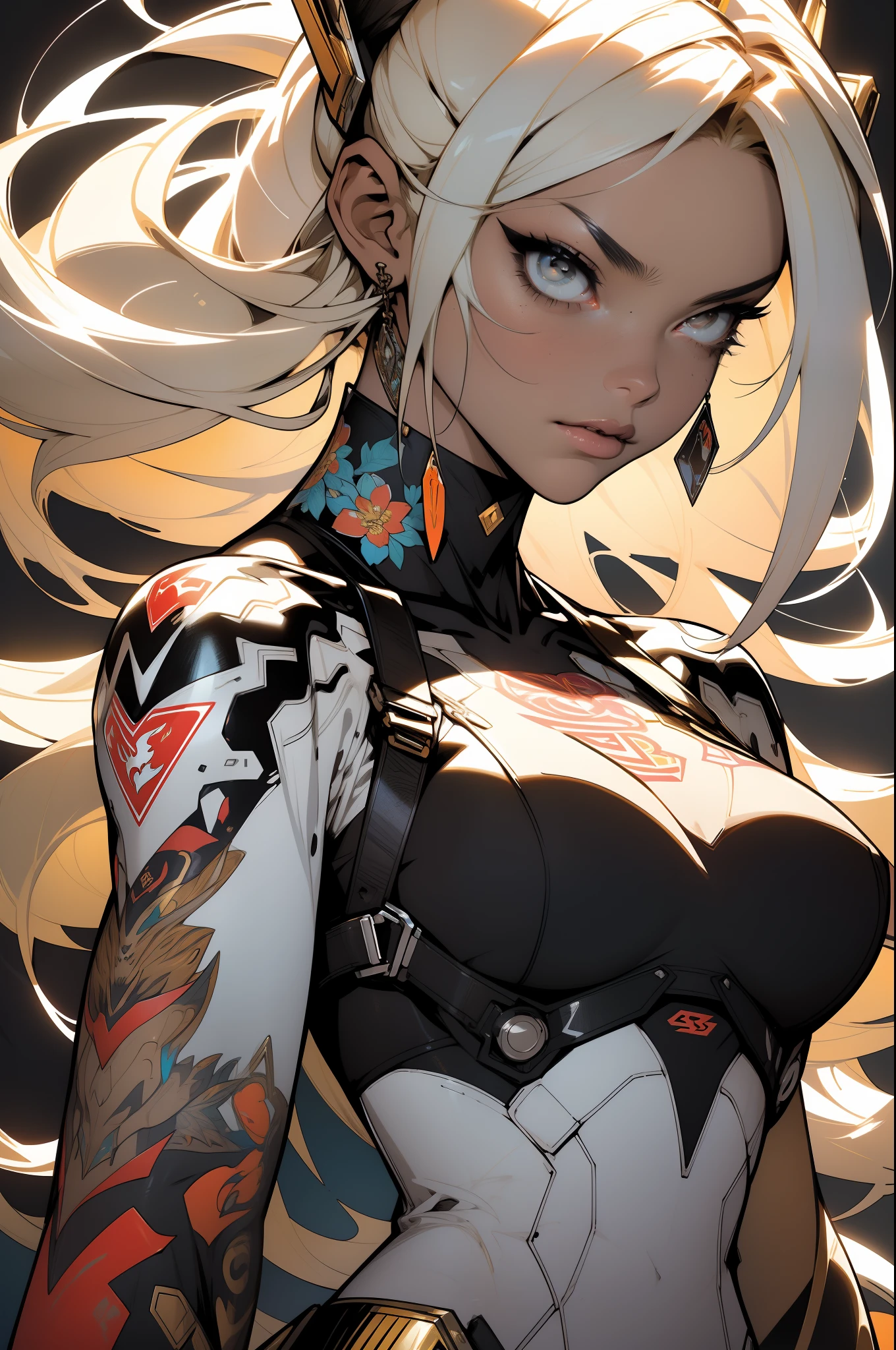 background, mixed-language_text, Japanese letters in graffit, girls, long blonde hair, excellent lighting, sidelighting, perfect ultimate (flat color: 1.3), (magazine_cover: 1.4), (multicolored_background: 1.3), striped_background, card_background, :: comix style by joe madureira :: circular pieces of white metals glued to the ultra detailed arms coming out sparkling brightness, super vivid illustration colors and with special touches,  perfect and detailed, ultra detailed shirt with abstract design and with Japanese letters in graffit of the sides of the clothes, image of girls with big breast, on top of a futuristic motorcycle, with immersive effects, hover effect, background graffiti style tribal tattoo with flowers and vibrant colors, "ultra HDR" detailed and with focus effect,  (masterpiece: 1.2, best quality), (beautiful eyes with huge eyelashes finely detailed: 1.2), , ((Solo)), (Finely detailed eyes and detailed face:1.3), in various full-body attack poses, (cute background: 1.2),futuristic costume, super detailed circular metals Clinging to arms and pants, fantastic paintings