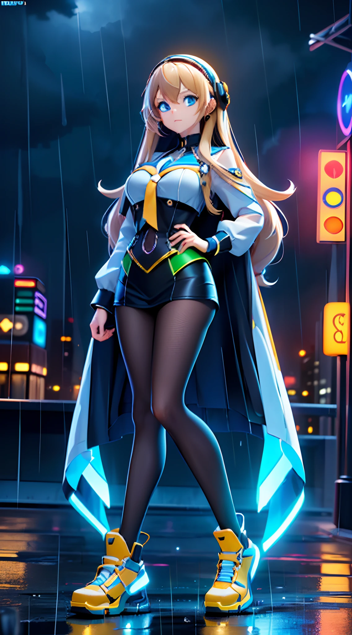 (Dynamic Angle:1.4), ((Full body posing:1.5), (Colorful:1.2), (Highly detailed CG Unity 16K wallpaper:1.1), (Denoising strength: 1.45), (tmasterpiece:1.37), ((Official art)), of the highest quality, (Realistic), Green Cyber Girl, 2 head body,Deformed Character,cute expression, (Super long hair:1.6),voluminous hair,Hair in motion,Golden hair,Glowing eyes,(blue eyess:1.2), wires, (LED:1.3), (a hologram:1.2), futuristic city street, Neon light, Skyscrapers, (Night:1.2), (Rain:1.2), (Rainbow Model:1.2), 8K resolution, (Anime style:1.3), Cinematic lighting, chromatic abberation, spark of light, Ray tracing, blending, ultra wide-angle,  Hasselblad, (masutepiece), (masutepiece), ((Best Quality)), ((masutepiece)), nffsw