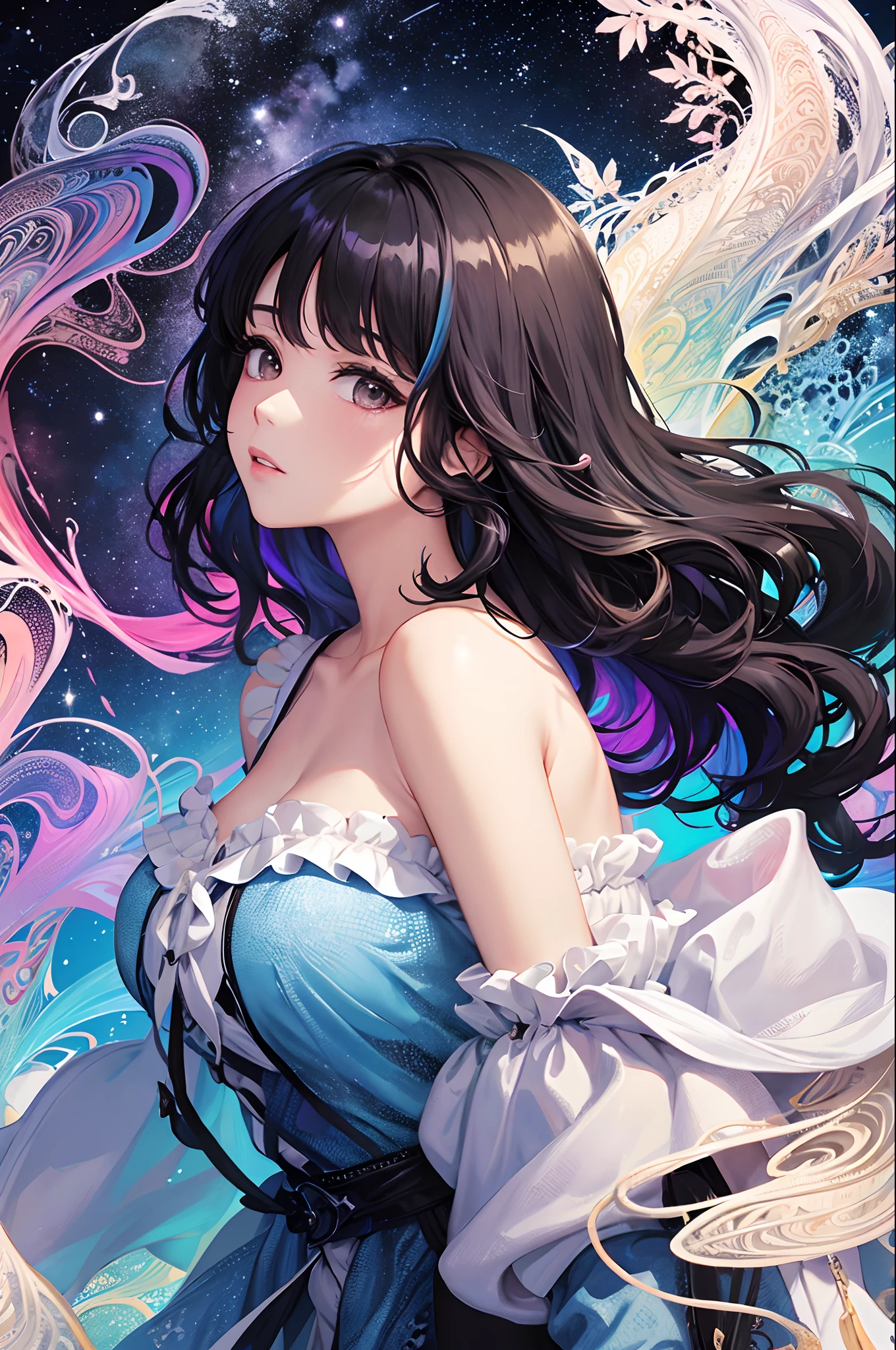 (masterpiece、top-quality、top-quality、watercolor paiting(Curly)、Official Art、Beautifully Aesthetic:1.2)、(1girl in:1.3)、(Fractal art:1.3)、(Beauty of the Police)The upper part of the body、from side、looking at the viewers、patterns、(rainbow-colored hair、colourful hair、Half white and half-black hair:1.2)、Eau、liquids、clouds、colourfull、starrysky、stele、