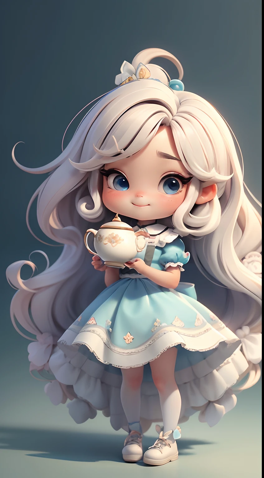 Create a cute chibi loli version of the Alice character in an 8K resolution.

Boneca Chibi Alice: She should look adorable and cute, Keeping the iconic elements of the original character. A Alice loli chibi deve ter um rosto redondo com olhos grandes e brilhantes, long eyelashes and rosy cheeks. Seus cabelos devem ser curtos e em tons vibrantes de loiro ou castanho claro.

Vestido encantador: Vista a Alice loli chibi com um vestido fofo e elegante em tons de preto, vermelho ou branco. O vestido pode ter babados, lace and details that refer to the theme of Wonderland. Add loops or ribbons to add a touch of delicacy.

Avental e Arco: Acrescente um avental branco sobre o vestido da Alice chibi, tied at the waist with a delicate bow. O avental pode ter pequenos detalhes como bolsos ou bordados sutis.

Meias e Sapatos Fofos: Complete o visual da Alice chibi com meias listradas em azul e branco ou com detalhes divertidos. On the feet, coloque sapatos fofos de boneca, com amarras ou fivelas.

magical accessories: Add lovely accessories to Alice chibi, like a bow in the hair or a tiara with Wonderland-themed details. You can also include a pocket watch or a cup of tea in your hands.

Certifique-se de adicionar sombras, texturas e detalhes nos cabelos, Alice chibi's clothes and accessories to make her even more adorable and charming. Give him a curious expression and a sweet smile on his face, capturing the essence of the character in a delicate and charming way.