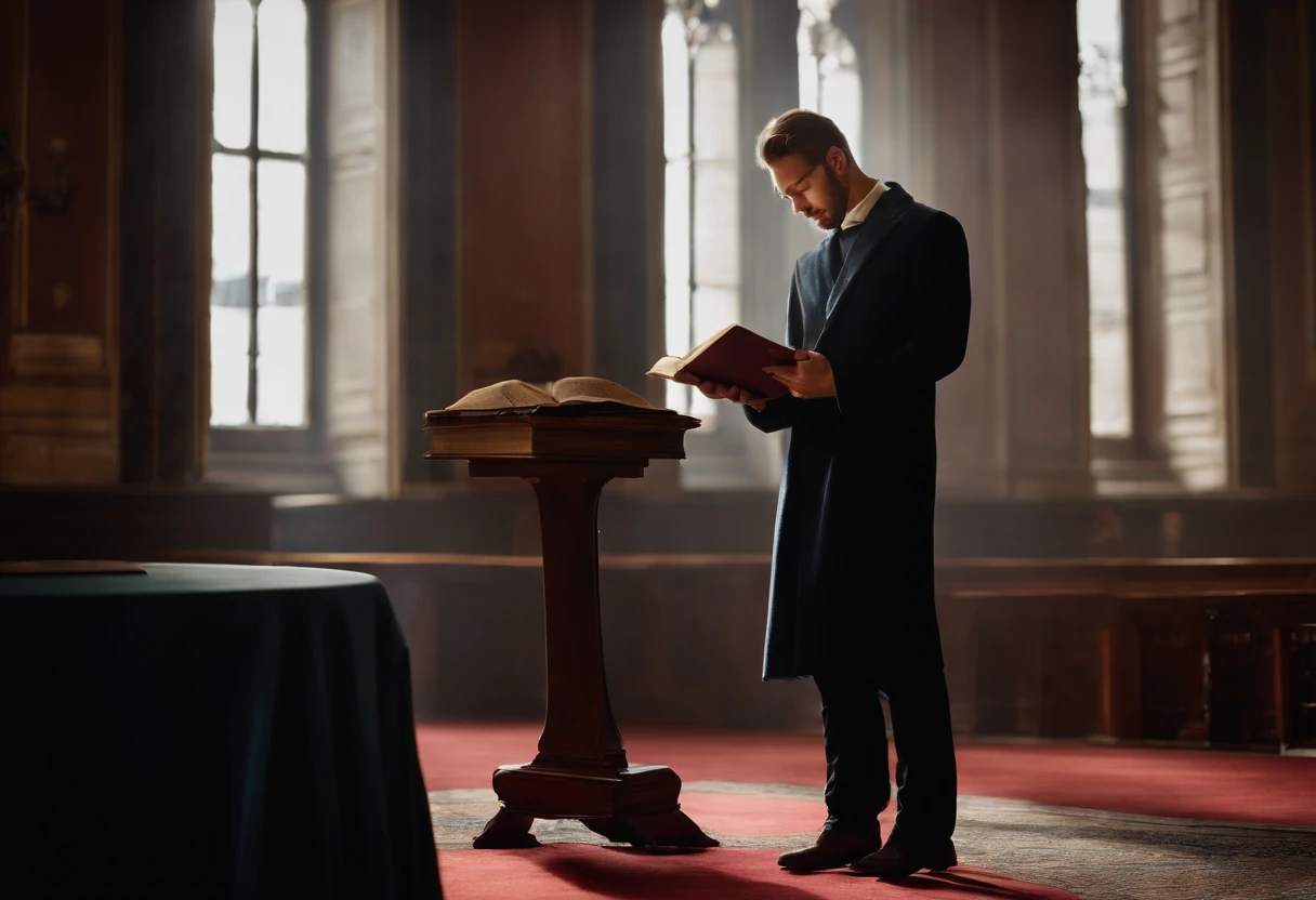 Man standing reading the Holy Bible