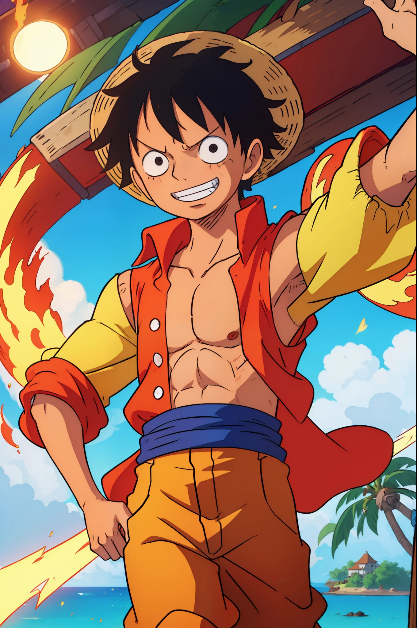 A lively, dynamic scene featuring Luffy, the main character from the popular anime and manga series "One Piece". Luffy stands tall with his signature straw hat on his head and his chest puffed out in a confident pose. His eyes shine with determination and mischief, while his wide grin reveals a hint of his mischievous personality. His muscular arms are crossed over his chest, showcasing his amazing strength. The vibrant red of his vest contrasts beautifully with his straw hat and black pants, creating a striking visual impact. Surrounding Luffy is a tropical island paradise, with palm trees swaying in the gentle breeze and clear blue waters stretching out into the horizon. The sun shines brightly overhead, casting a warm, golden glow over the entire scene. The details of the scene are rendered with meticulous precision, capturing every strand of Luffy's hair and the intricate textures of his clothing. The artwork is a combination of digital painting and cel-shading, with bold, vibrant colors that bring the characters and the environment to life. The lighting is natural and soft, accentuating the warmth and tranquility of the tropical setting. The overall image quality is of the highest standard, with sharp details and rich colors. This prompt is designed to generate a masterpiece-quality artwork, with a focus on capturing the essence of Luffy's character and the adventurous spirit of "One Piece".