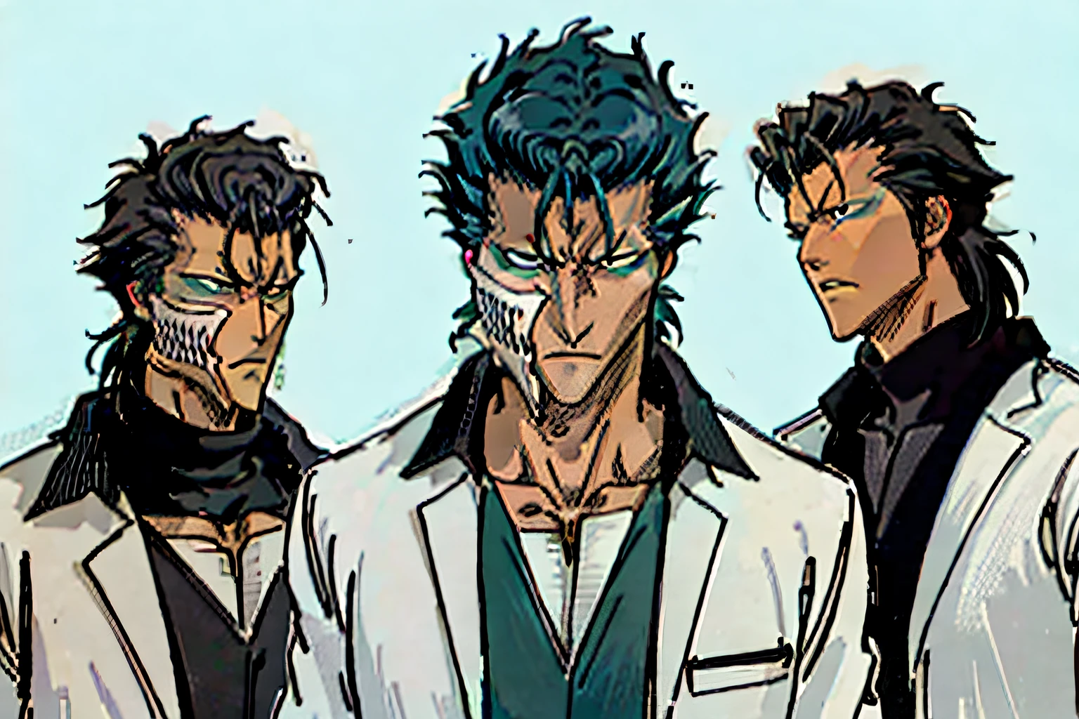 (highres:1.2),(best quality,4k,8k),(1man),(black hair),(green eyes),(serious expression),(upper body),(line art),(medium hair),(white blazer),(black t-shirt),(expressionless eyes),(Tite Kubo style)