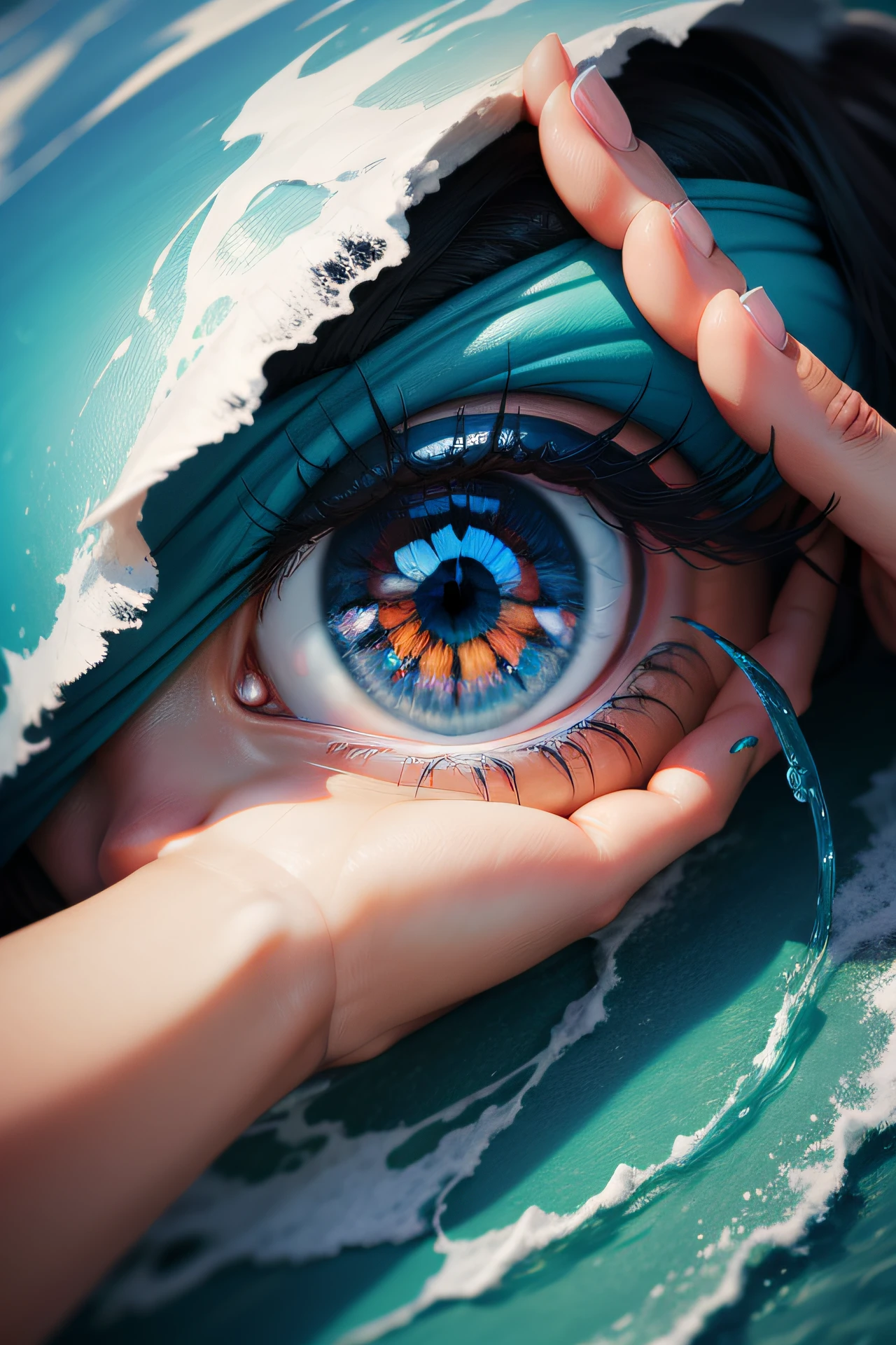 eye, sea, paint, hands, 8k