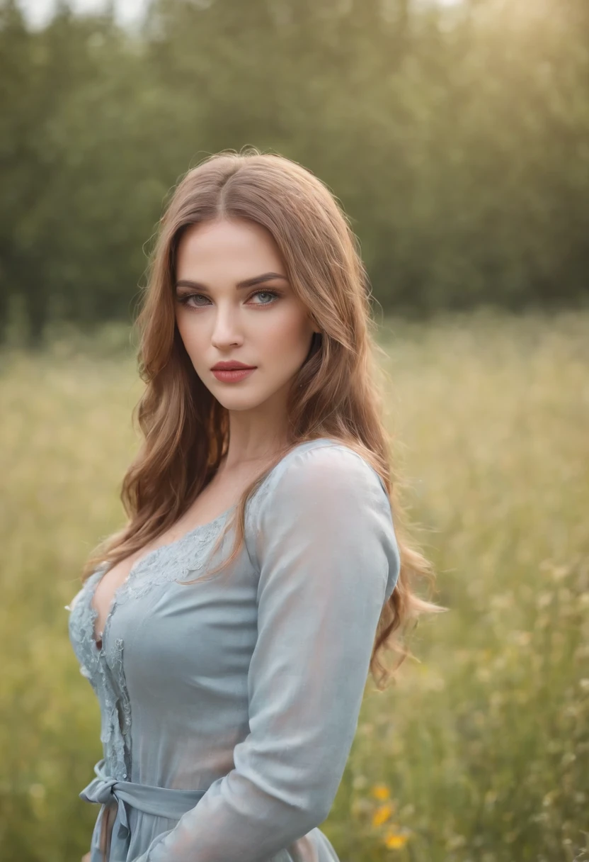 HD quality, maximum detail, macro portrait full body of the beautiful woman, field depth, perfect woman, 25 years, hair covered the breasts, makeup, long hair, perfect face, pretty mouth, pretty nose, sensual woman, totally gorgeous, face with sarcastic expression, caucasian, blond hair, evil look, v-shaped shirt, realistic, details, style: Detailed photo