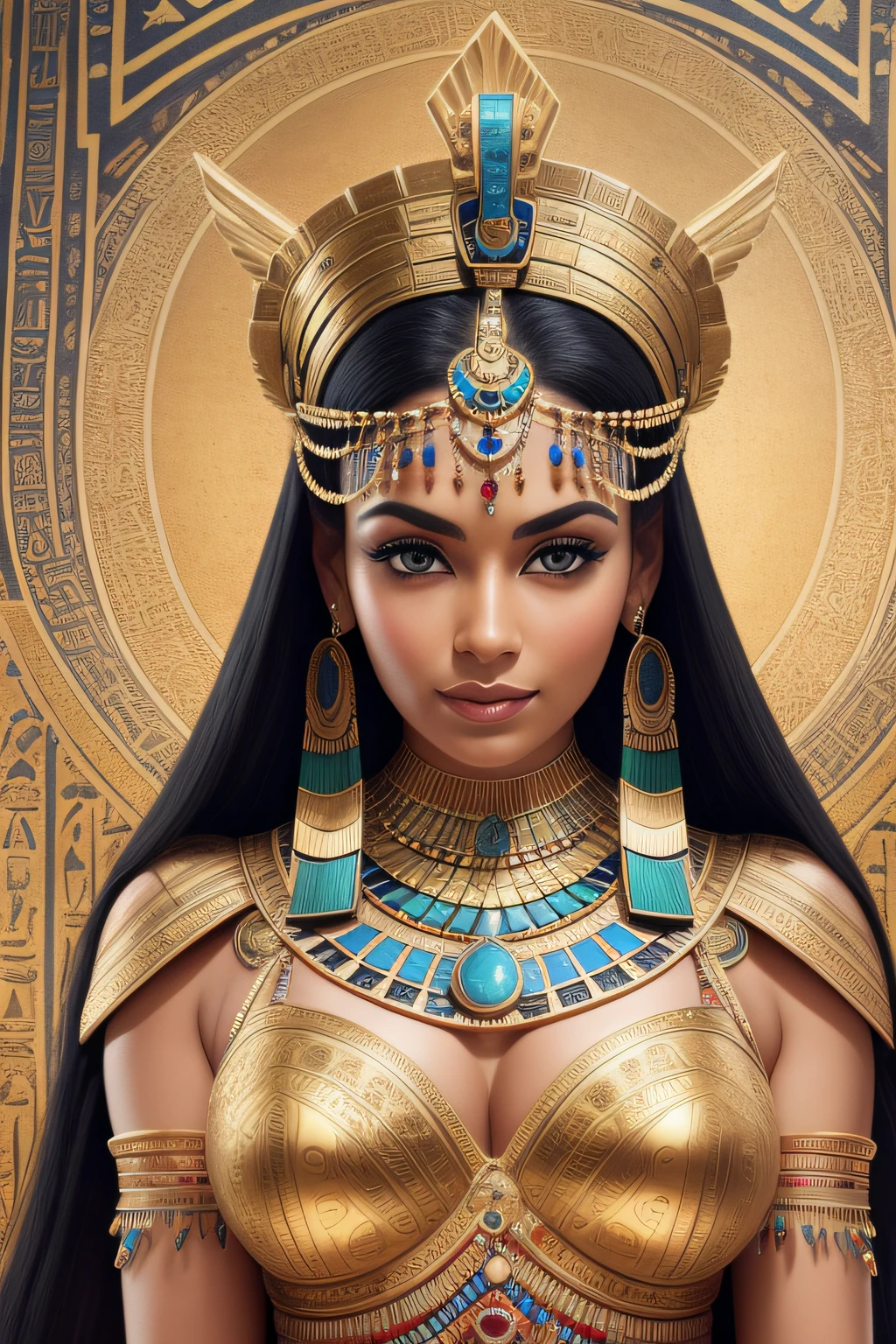 Gorgeous ancient queen Cleopatra spreading positivity and self-love for the modern community. 1920 x 1080 px, hyper realistic 8k HD images. Standing in an Egyptian Tempel of the god Apophis