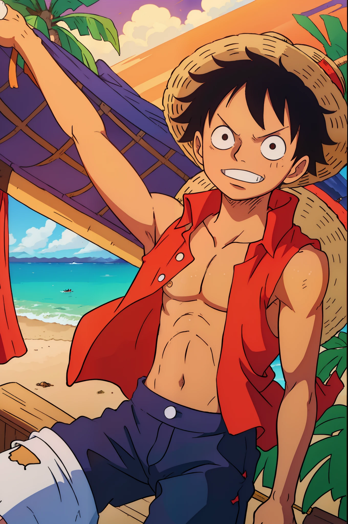 1 men, Monkey D Luffy in the straw hat with his arms crossed smiling (created by Eiichiro Oda)