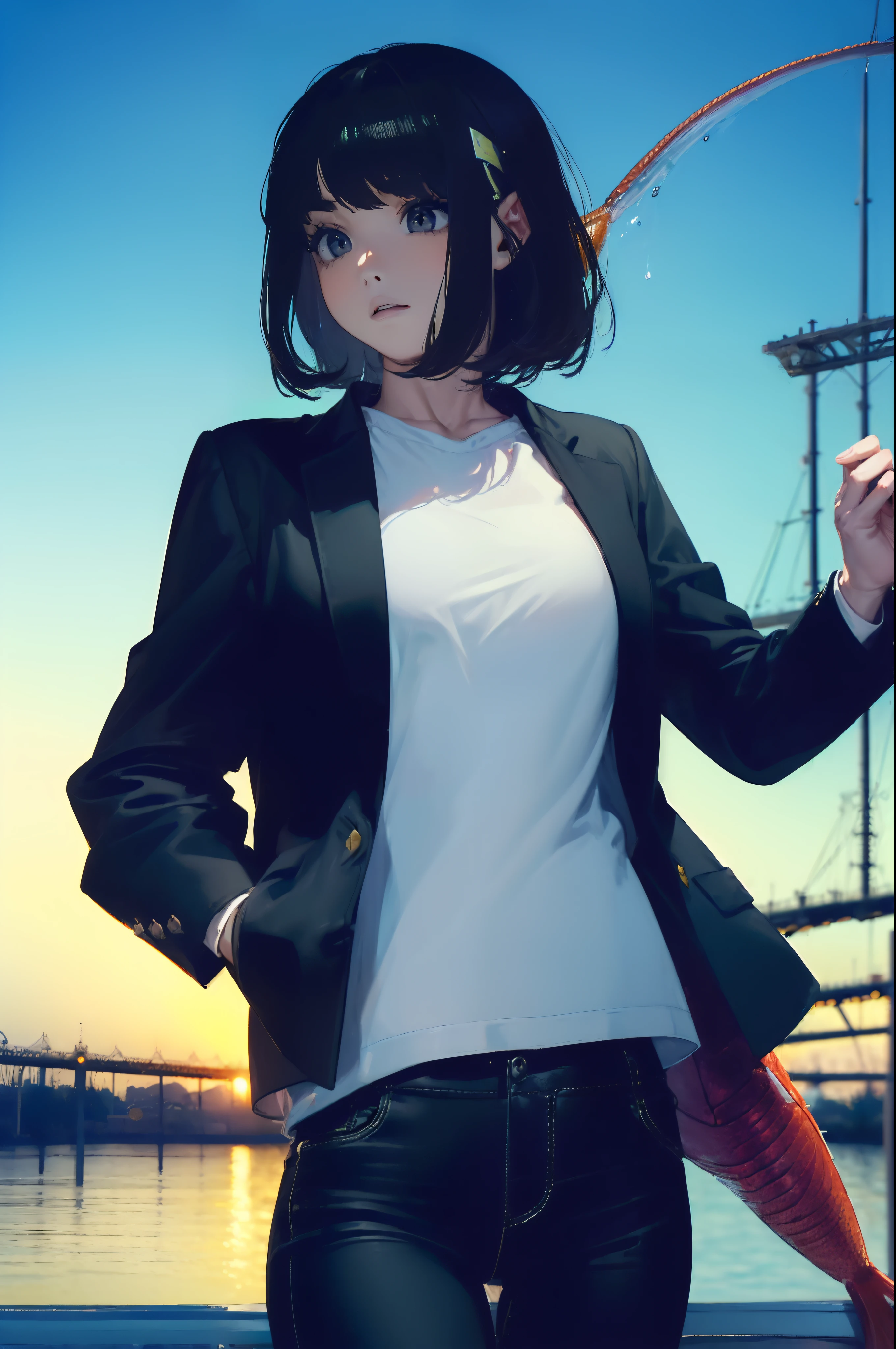 ((((catching a big fish by the lakeside:1.5)))),((Female 28 years old)),((Best Quality:1.5)),(((Hands with the correct number and structure of fingers:1.4))),((Big fish:1.37)),hight resolution,ultra-detailliert,masterpiece,best qualtiy,(Eight-headed body),Black hair, long eyes-lashes, Solid Circle Eyes, drop shadow, Atmospheric perspective,Super Detail, ccurate, small brest,(Black jacket and black jeans :1.1),top-quality, blurry backround, bokeh dof:1.2, (masterpiece:1.3), Atmospheric perspective,Super Detail,dynamic compositions,