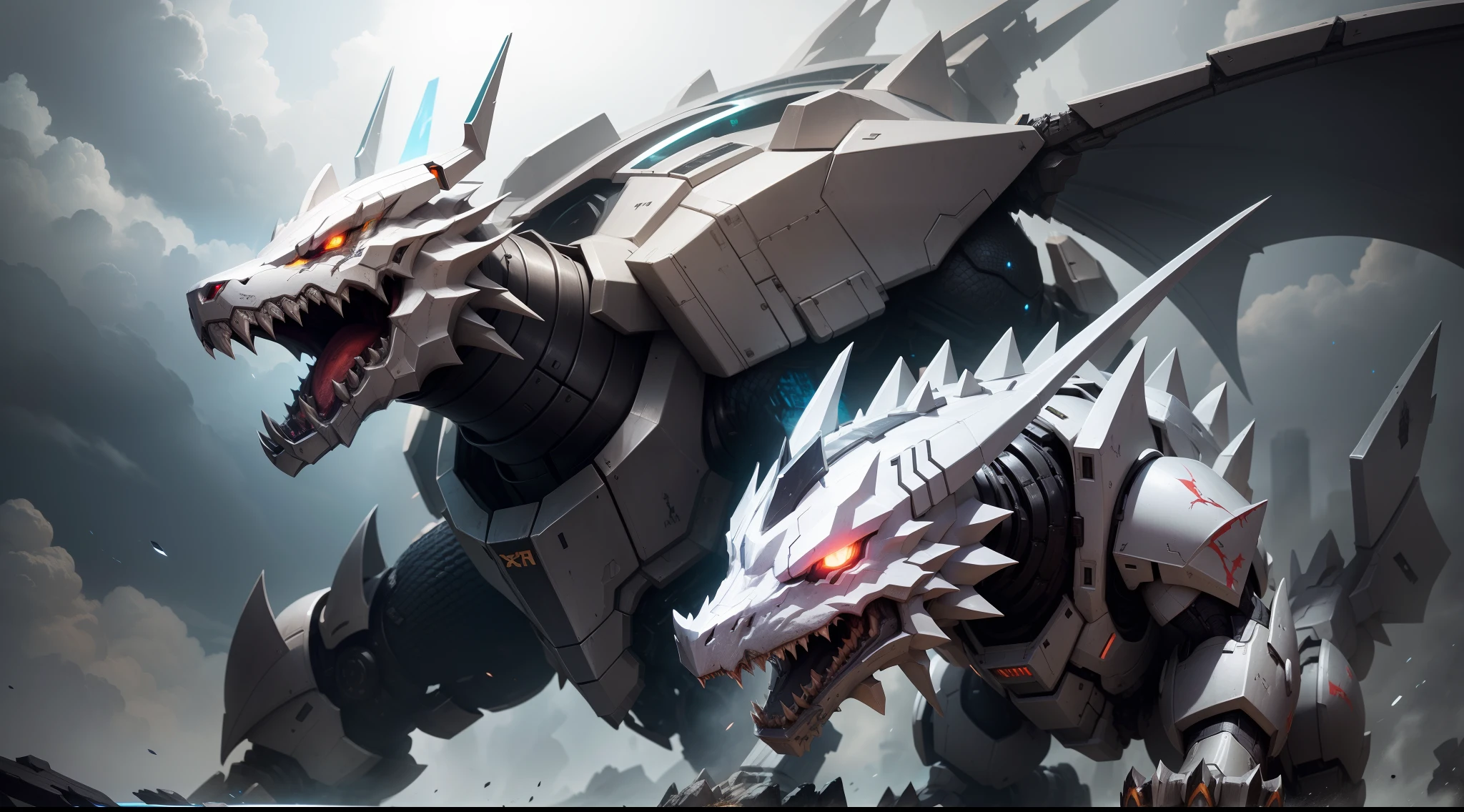 a close up of a drawing of a dragon with a sword, well armored mech dragon, white mecha iron, reflected sliver ice color armor, sharp robot dragon paws, draconian looking armor, art zoids, sharp dragon claws robot, Omegamon concept art, Robot dragon feet, Giga, white mecha, snarling robot dog head, cyborg dragon concept art fantasy