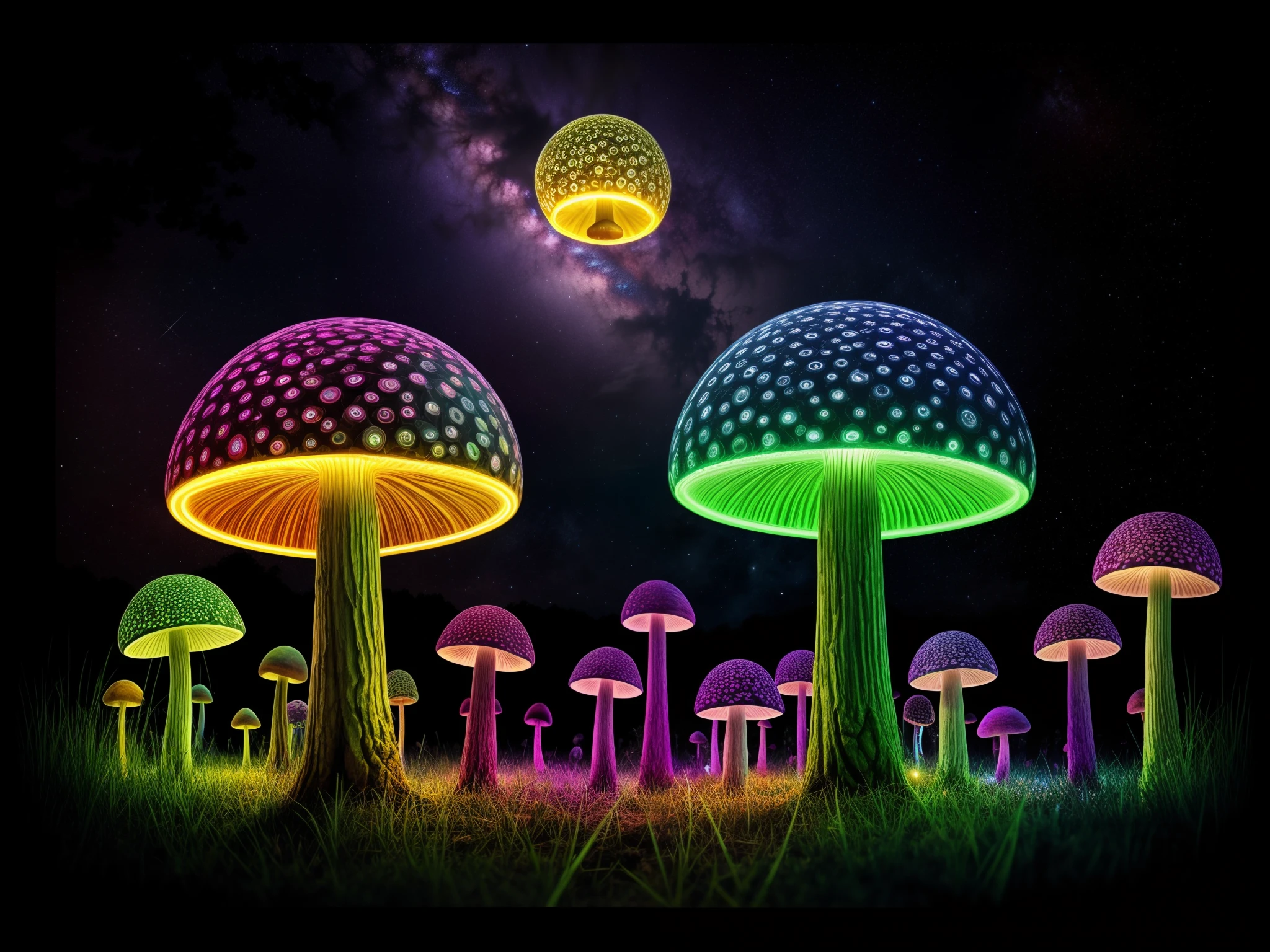 8k , viele details , hyperrealistisch , Fotografie , deviantart , psycedelic , mandelbrot fraktal , dichter und Bunter Pilzwald , viele Pilze psycedelic , unbekannter Planet , fremde Welt , Bei Nacht viele sterne , viele bunte farben , Bold colors , neon farben , dynamisches Licht , Mushroom , Pilze , Pilzwelt , psycedelic Alien:1.2