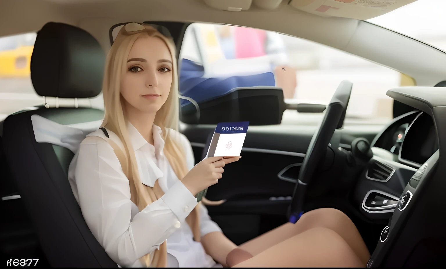 a woman in a car with a man in a suit behind her holding a passport and a passport, 1614572159, exploitable image, dirigindo um carro, imagem profissional, Foto profissional, foto muito precisa, automotivo, imagem real, foto de cima para baixo, accurate depiction, foto profissional, 872637744