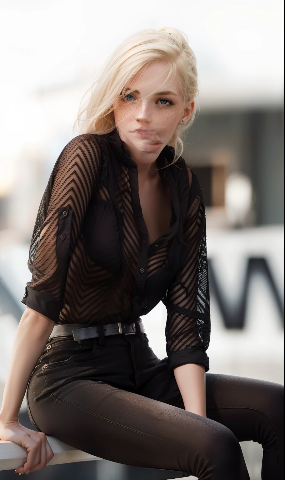 Rosto de uma mulher, americana, 25 anos, pale skin and freckles, olhos cinzas, nariz delicado, soft and delicate lips, cabelo blondie cinza ondulados longos
