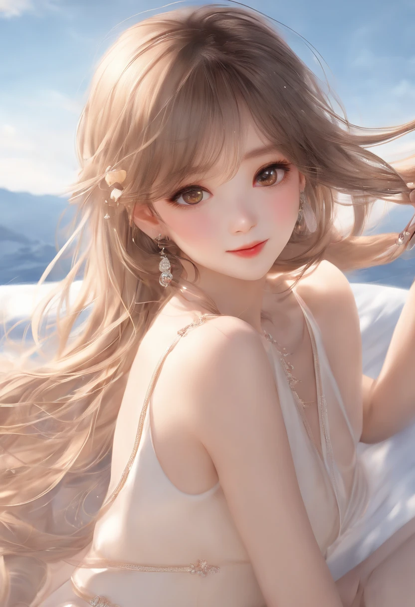 (8k, top-quality, masterpiece:1.2), (realisitic, Photorealsitic:1.37), ultra-detailliert, One Girl,cute little, 独奏,Beautiful detailed sky,date,(Nasal blush),(a smile:1.15),(a closed mouth)tiny chest、beatiful detailed eyes、(length hair: 1.2)、Floating Hair NovaFrogStyle、The upper part of the body、All Nude