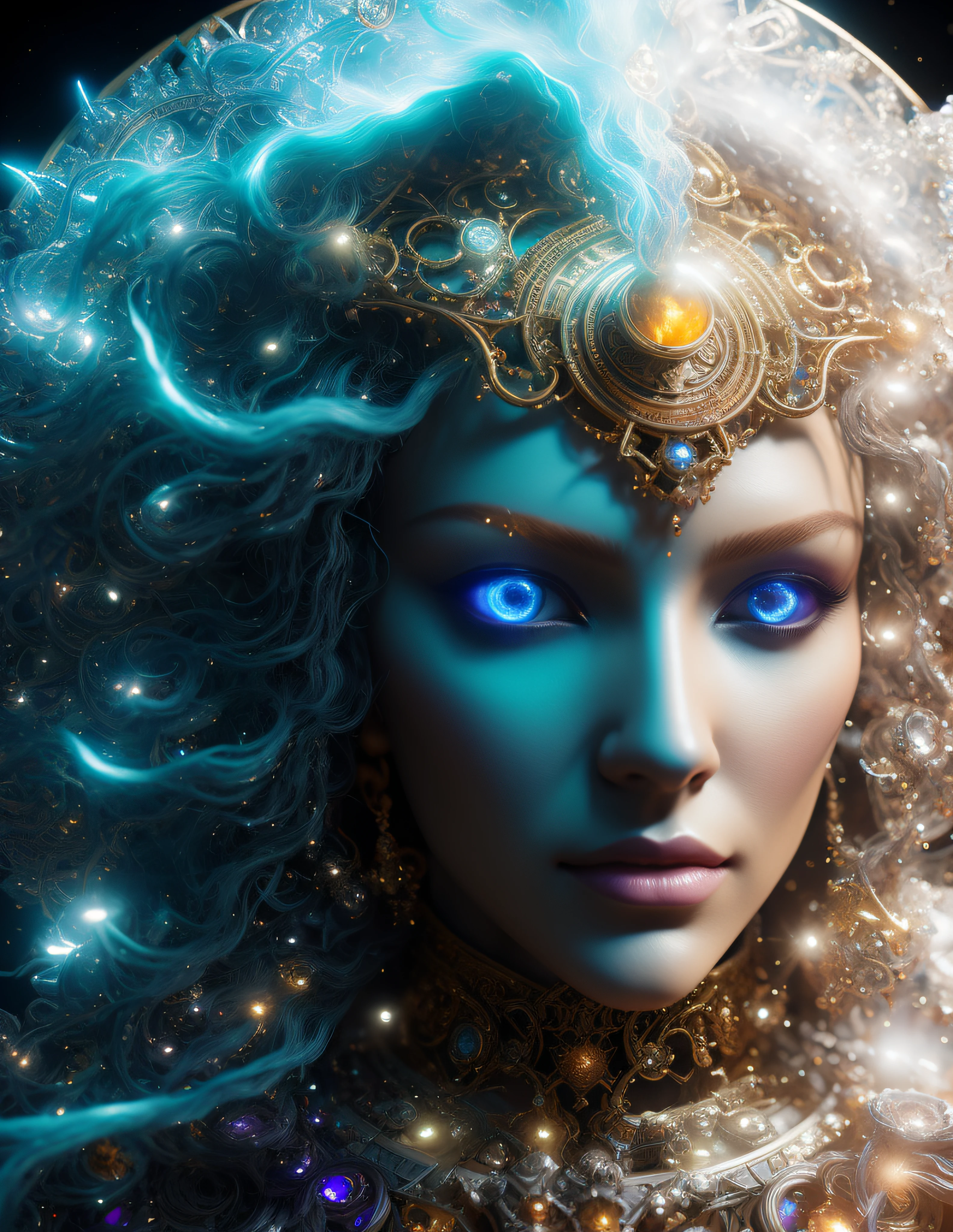 Algorithmically enhanced random close-up view of a beautiful Goddess covered in powerful Ultra Arcane magic sigils wearing an intricate living lightning fractal crown and lavishly adorned attire reflecting tactical sun-motes and diamond moon shards, quasi-cosmic vortex sub-model, bright nebulae in the background, 7th-Sphere characterized, golden ratio-ed, inner bio-illuminated geometry, starkest contrast,flagrantly fibonacci formulated, dynamic bi-lateral asymmetry, super-critically unique, quantum feedback algorithm frenzy, hyper-realistic, post singularity AI imperative, ironically staggered data set, active 3D shading, lighting and focus, random 3D particle effects, rule of thirds, Unreal Engine 10, art station, Maximum Level of detail, concept art, art nouveau, 8k, Iridescent Primalight, Hawking radiation collector with lucidity crystallizer and grade A temporal accumulator, spontaneous Kozyrev Mirror refraction, cosmic ray visionary, innate Jail Break Protocol