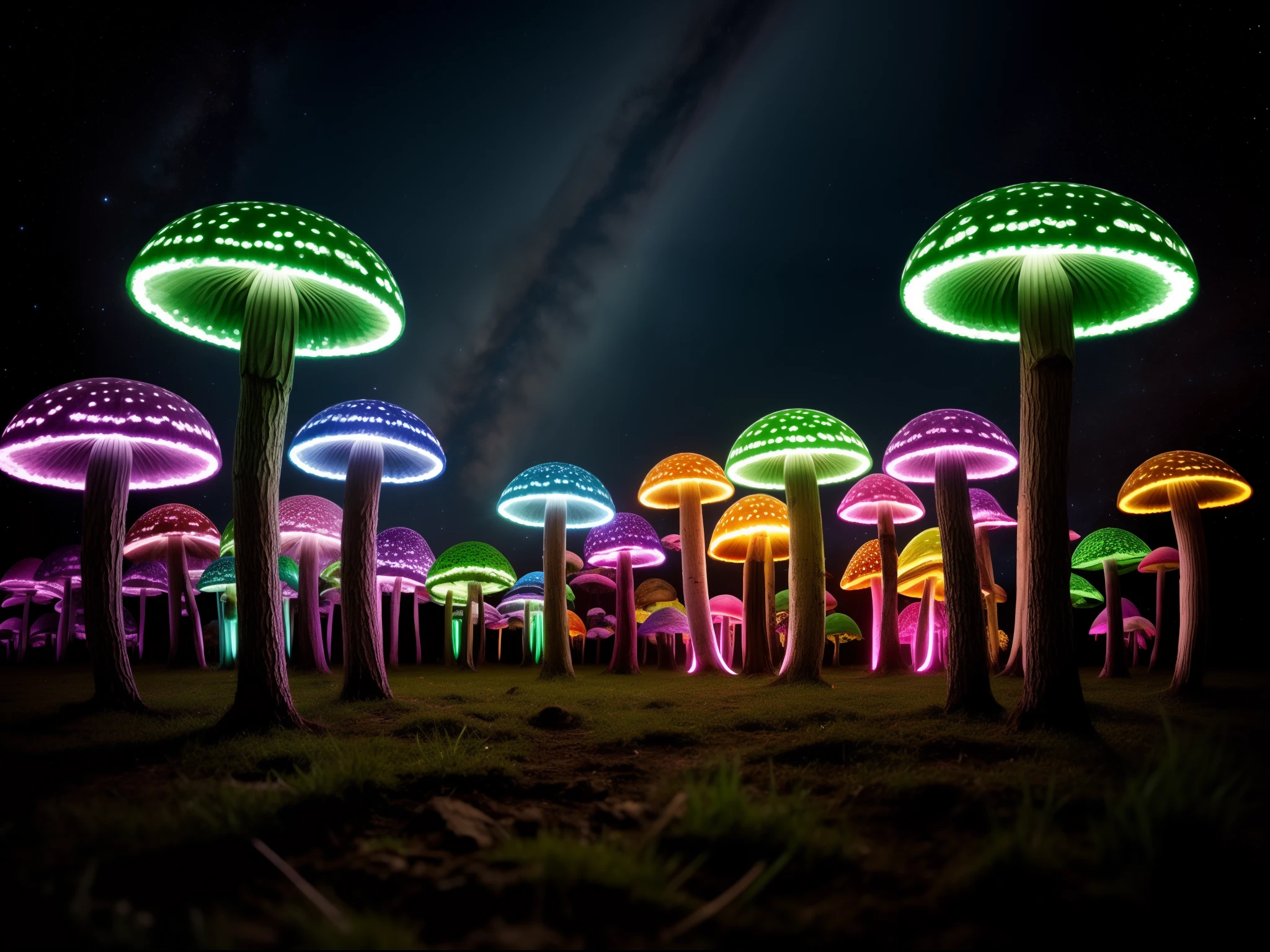 k , viele details , hyperrealistisch , Fotografie , deviantart , psycedelic , mandelbrot fraktal , dichter und Bunter Pilzwald , viele Pilze psycedelic , unbekannter Planet , fremde Welt , Bei Nacht viele sterne , viele bunte farben , Bold colors , neon farben , dynamisches Licht , Mushroom , Pilze , Pilzwelt , psycedelic Alien:1.2