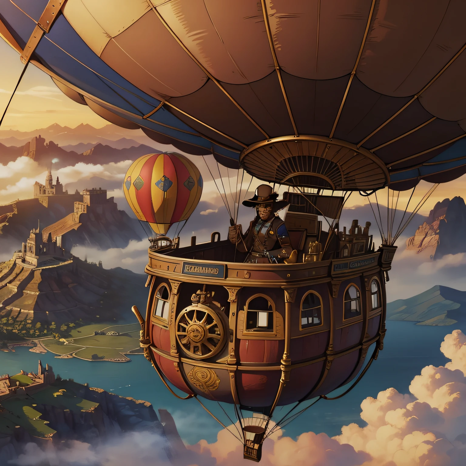 ((steam punk)), hot air balloon, comic art, high quality, detailed, closeup of gondola