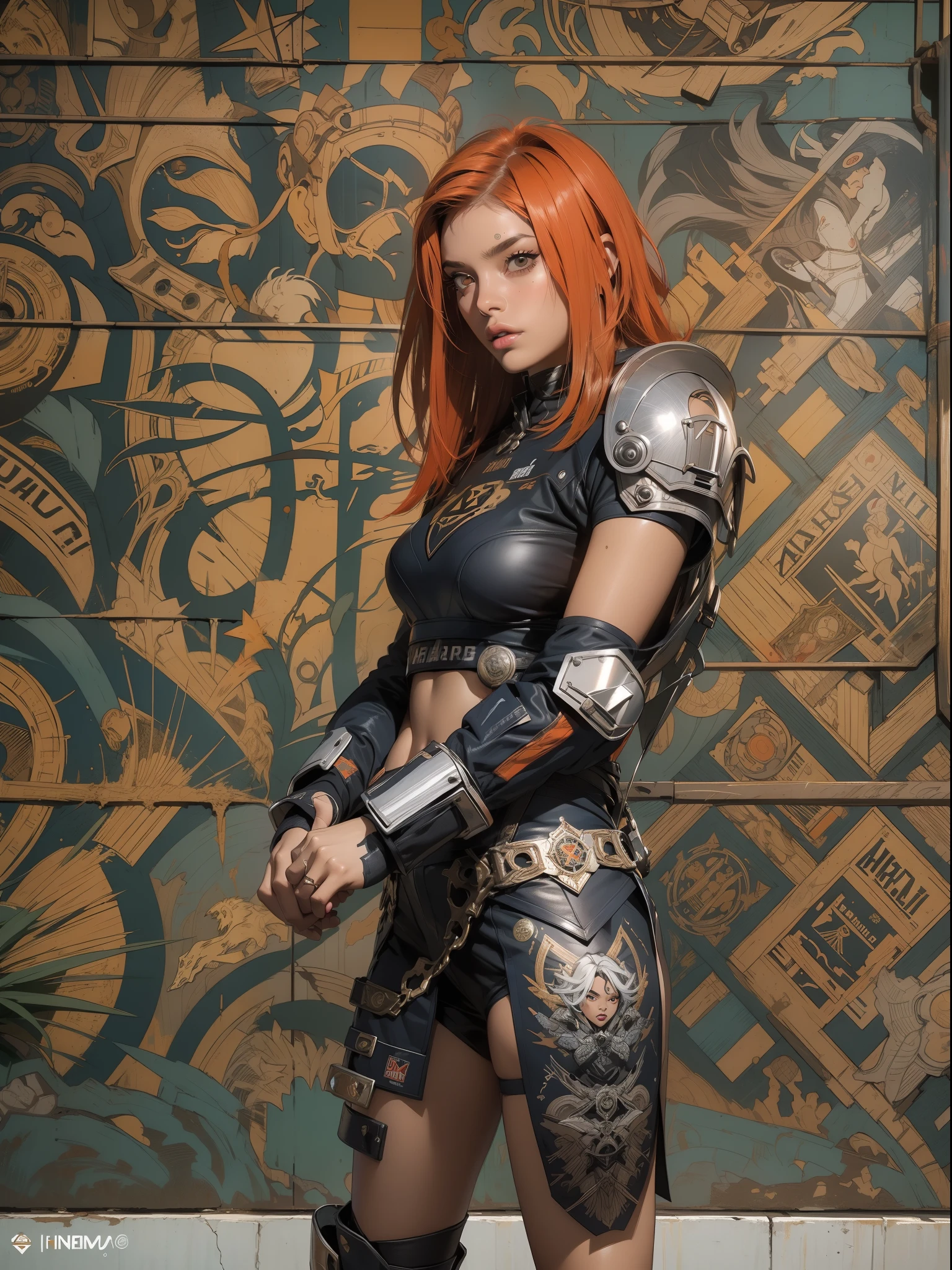 (((mulher))), (((melhor qualidade))), (((obra prima))), (((adulto))), (((1girl))), ((( corte de cabelo bob ))), Uma gladiadora cyberpunk mulher de 25 anos com corpo perfeito, shoulder pads with metal spines, Gladiadores do Brooklyn, (( corte de cabelo bob )), tiny leather panties, camiseta de time de rugby rasgada, quase nua no estilo selvagem urbano de Simon Bisley para a capa da revista Heavy Metal, Cabelo loiro curto, Minimum clothing, Metal protection on the left arm with intricate graphics, dark orange with white stars and checkerboard pattern white and navy blue and copper, armadura, cheio de pontas e rebites, (((do joelho pra cima))), cabelos loiro branco curto, no fundo uma parede pintada por Shepard Fairey com um design intrincado