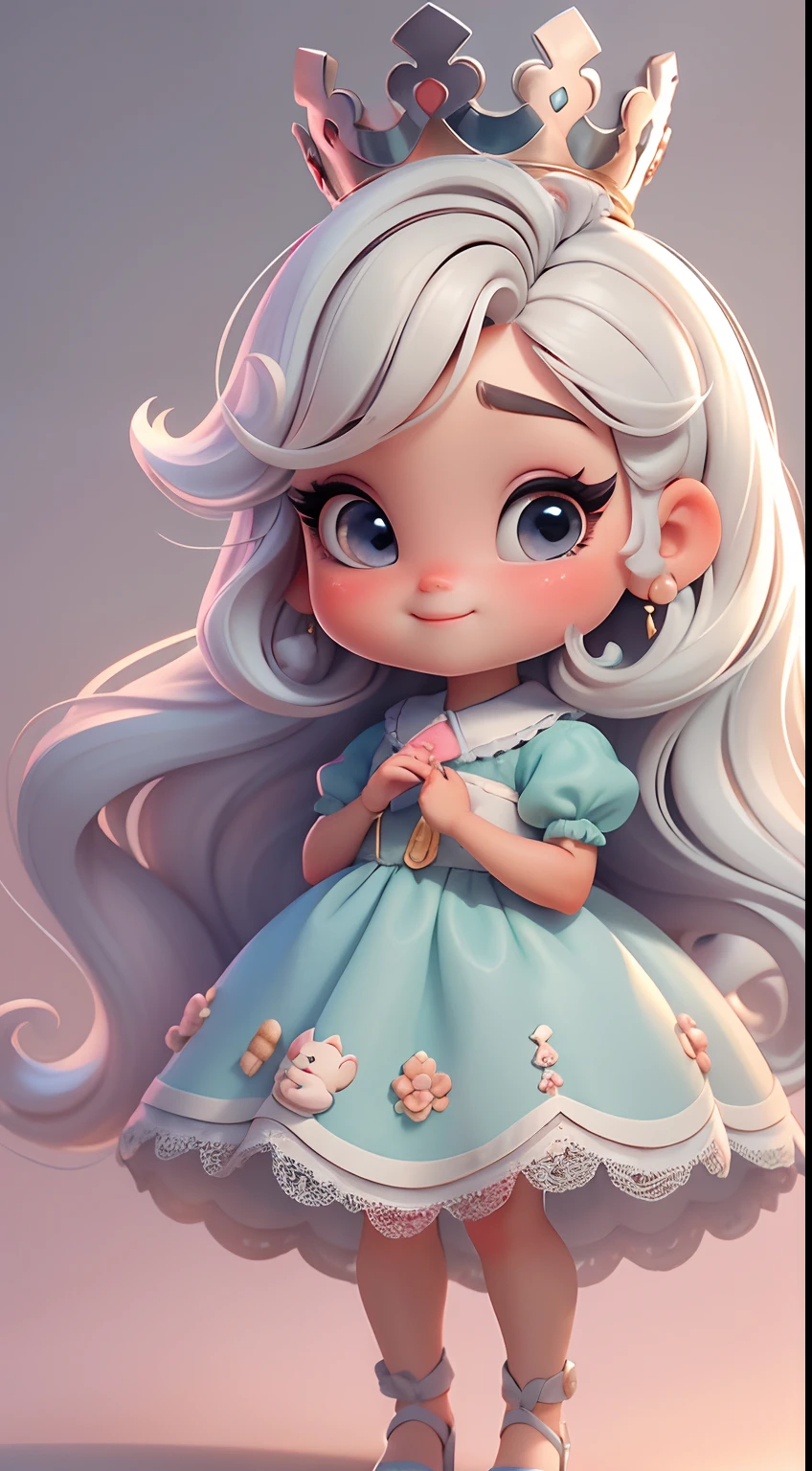 Create a series of cute baby style chibi dolls with a cute reign theme, each with lots of detail and in an 8K resolution. All dolls should follow the same solid background pattern and be complete in the image, mostrando o (corpo inteiro, incluindo as pernas: 1.5)
Boneca Mini princesa: Chame-a de Marina. Ela deve ter cabelos longos. Seus olhos devem ser grandes e expressivos, with long eyelashes and rosy cheeks. Sorriso delicado e branco. modern accessories. Marina deve estar vestida com um vestido detalhado. She must carry princess accessories. Certifique-se de adicionar detalhes nas roupas, como saias e brilho, sapatilha bonito
Certifique-se de adicionar sombras, texturas e detalhes nos cabelos, roupas, Princess utensils, to make them even more adorable and charming.