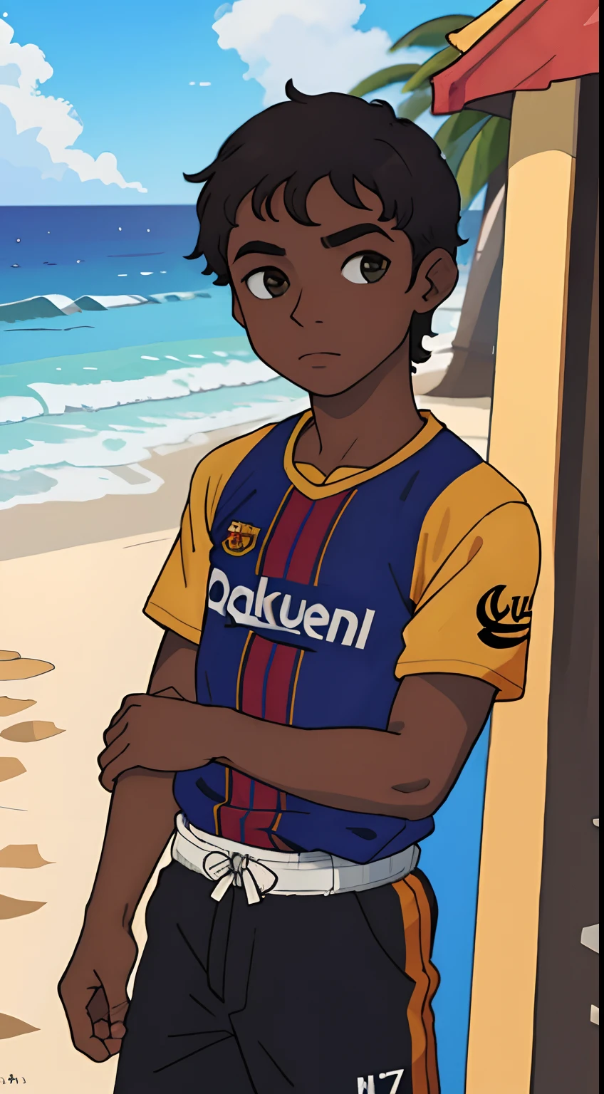 (Masterpiece),um homem (solo) de ,pele escura,camisa do Barcelona temporada 14/15,short preto numa praia,melhor qualidade,8k