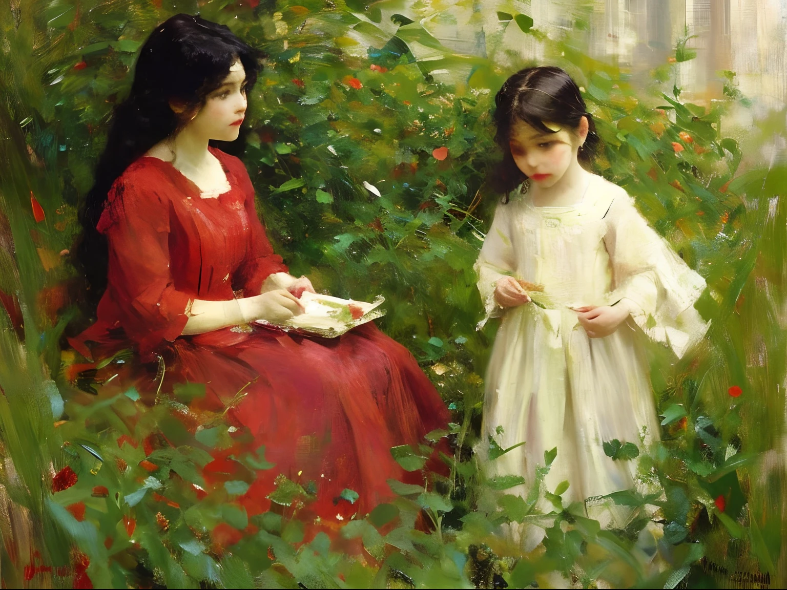 Sargent,Mucha, frontage, Kizi, black hair, Long hair, Lips, Closed mouth,  in red dress, greenery, plants, brushstrokes, impressionism