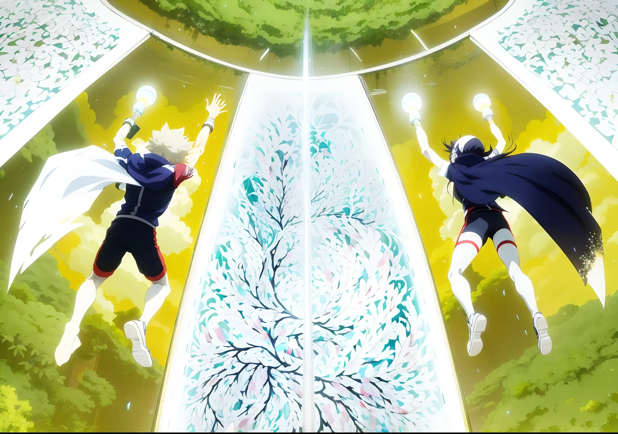 "There are two people with an illusioned aura, captura de tela de um anime de 2012, anime ainda, Captura de tela do filme de anime, Ainda de anime de TV, filme de anime ainda, de yowamushi pedal, Anime still image, ainda de anime, Anime de hoje ainda em destaque, Captura de tela do anime Guro, captura de tela do filme anime, Salto Shounen, homem e mulher sendo puxados para cima, voando, asas, a wing just for each. mulher asa escura, homem asa branca, globo de luz ao centro"