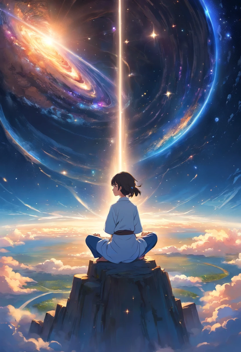 Suppose you divide an image into two main sections, The top half features a vast universe filled with beautiful galaxies, And the bottom half is、Shows a cross-section from Earth to mantle. no centro, Onde os dois mundos se encontram, Girl sitting in zen meditation pose.

A pillar of light emanates from the human head, Alcance para cima、Fusion into cosmic celestial bodies. This light represents a connection to the universe, Symbiosis of the individual with the infinite mysteries of the universe. Simultaneamente, Another pillar of light is、Descending from where humans are sitting, Penetrando profundamente no manto da Terra. That's、It means a grounding connection with the earth, Transcending it through meditation、Anchoring a person to physical reality.

The lighting in this image is as balanced as the air, Emphasize the duality of existence: Physics and metaphysics. Usando uma lente grande angular, 16-35mm f, etc./2.8, You can capture this wide range, Pequenas aberturas como F/11 allows you to focus on all the elements.

Regarding lighting, O macio, Jogando luz difusa sobre uma figura meditante、should give an almost ethereal glow, Ou seja, lighting lighting. For the background, Select Dynamic Contrast and click、Fly out of the galaxy and the inner layers of the Earth, presumivelmente、Use post-production techniques to fine-tune details.