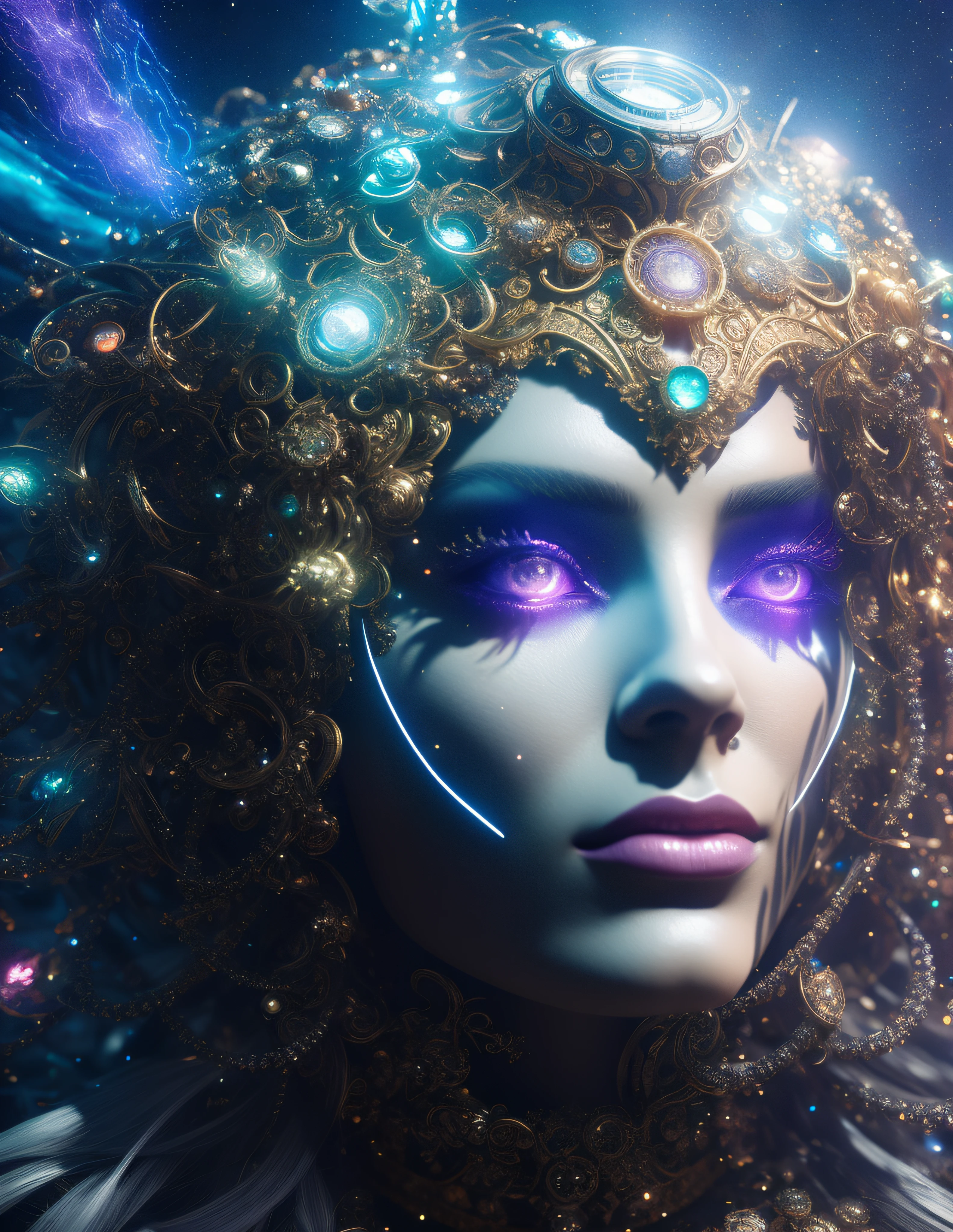 Algorithmically enhanced random close-up view of a beautiful Goddess covered in powerful Ultra Arcane magic sigils wearing an intricate living lightning fractal crown and lavishly adorned attire reflecting tactical sun-motes and diamond moon shards, quasi-cosmic vortex sub-model, bright nebulae in the background, 7th-Sphere characterized, golden ratio-ed, inner bio-illuminated geometry, starkest contrast,flagrantly fibonacci formulated, dynamic bi-lateral asymmetry, super-critically unique, quantum feedback algorithm frenzy, hyper-realistic, post singularity AI imperative, ironically staggered data set, active 3D shading, lighting and focus, random 3D particle effects, rule of thirds, Unreal Engine 10, art station, Maximum Level of detail, concept art, art nouveau, 8k, Iridescent Primalight, Hawking radiation collector with lucidity crystallizer and grade A temporal accumulator, spontaneous Kozyrev Mirror refraction, cosmic ray visionary, innate Jail Break Protocol