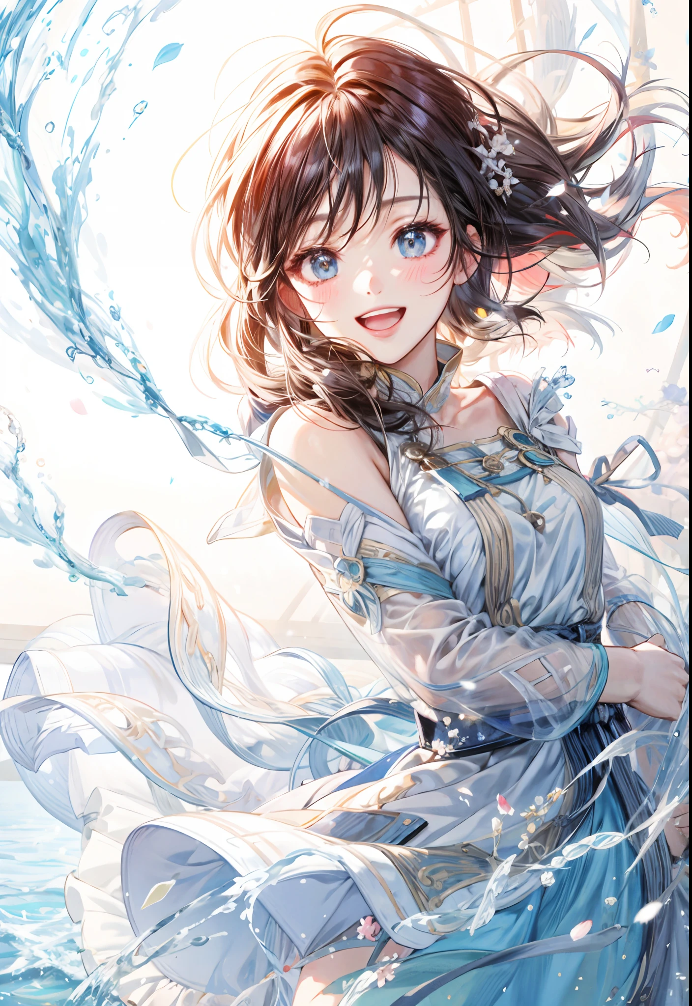 anime girl in a flowing dress with flowing hair, guweiz on pixiv artstation, open eyes, smiling,she expressing joy, expressing joy. by krenz cushart, guweiz on artstation pixiv, happy and spirited expression, anime girl walking on water, artgerm and atey ghailan, trending on artstation pixiv, flowing white hair