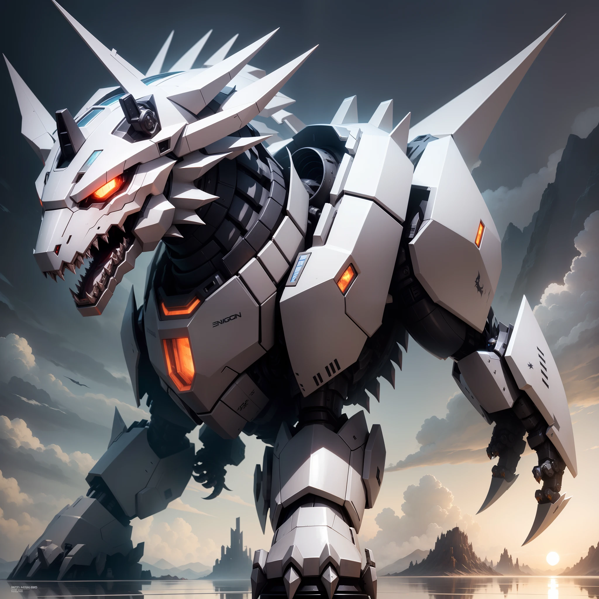 a close up of a drawing anime style of a dragon with a sword, well armored mech dragon, white mecha iron, reflected sliver ice color armor, sharp robot dragon paws, draconian looking armor, art zoids, sharp dragon claws robot, Omegamon concept art, Robot dragon feet, Giga, white mecha, snarling robot dog head, cyborg dragon concept art fantasy