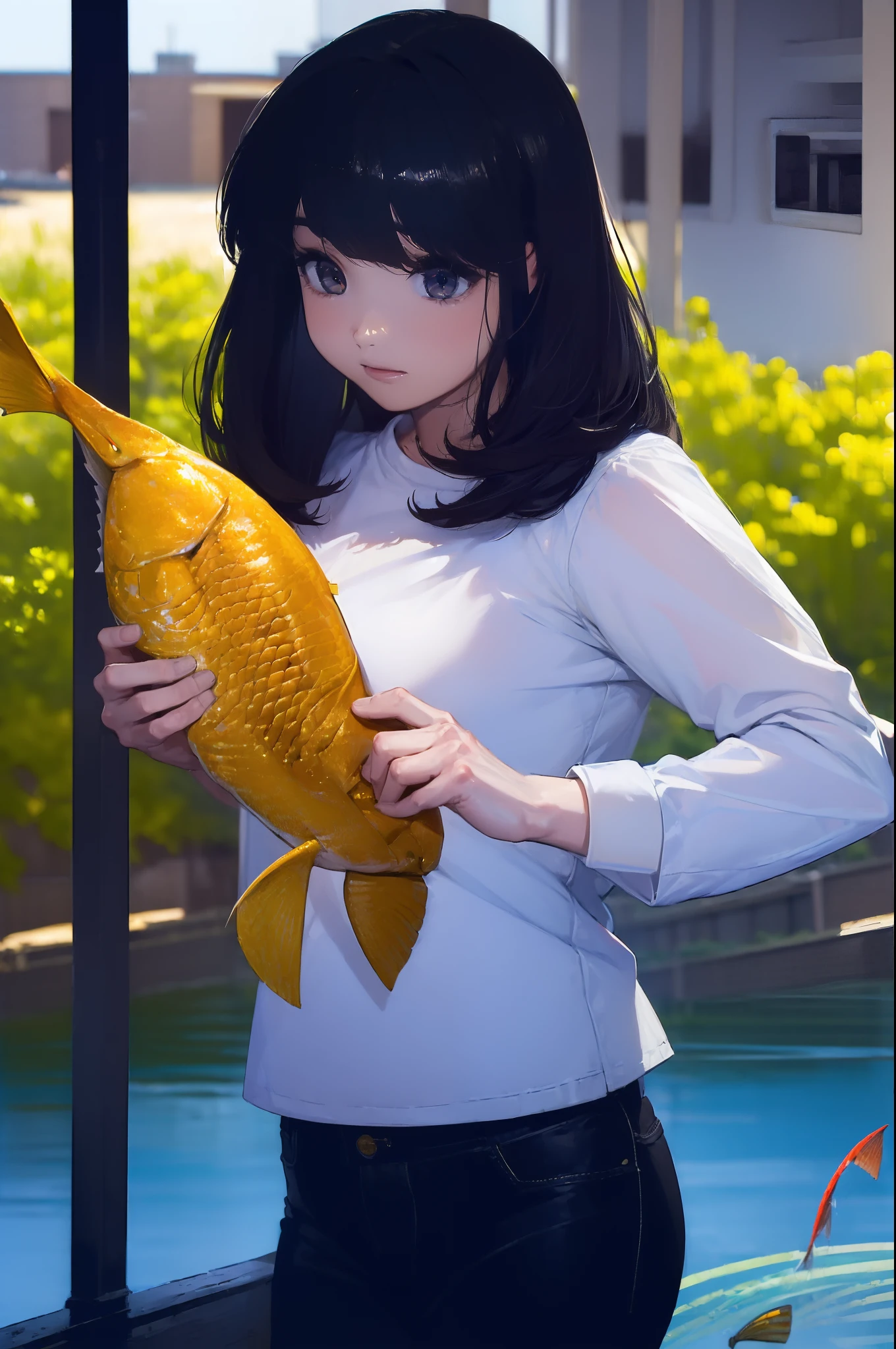 ((((catching a big fish by the lakeside:1.5)))),((Female 28 years old)),((Best Quality:1.5)),(((Hands with the correct number and structure of fingers:1.4))),((Big fish:1.37)),hight resolution,ultra-detailliert,​masterpiece,best qualtiy,(Eight-headed body),Black hair, long eyes-lashes, Solid Circle Eyes, drop shadow, Atmospheric perspective,Super Detail, ccurate, small brest,(Black jacket and black jeans :1.1),top-quality, blurry backround, bokeh dof:1.2, (​masterpiece:1.3),  Atmospheric perspective,Super Detail,dynamic compositions,