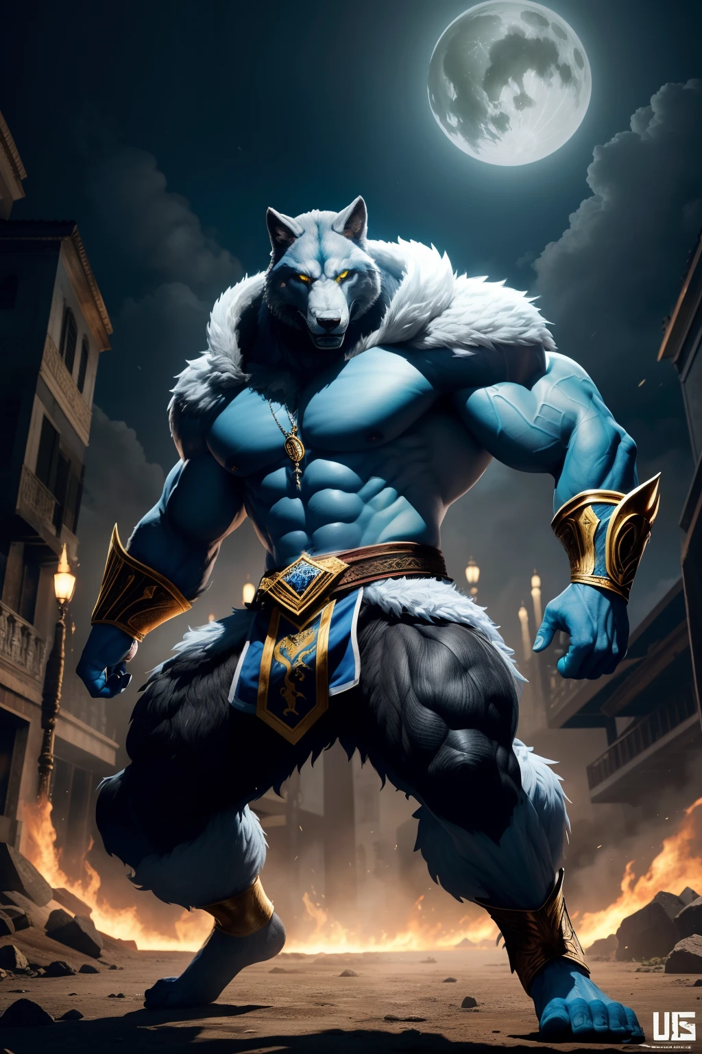 um homem se transfora em Voliwerewolf, minotauro, mandibulas, ((musculoso)), ((muito irritado)), num mundo apocaliptico, usando trajes do homem gelo+Heiden de Mortal Kombat+Shazam, UHD,FHD,HDR, realista, 3D, azul+branco+dourado. ((lobisomem feroz e irritado, monstruoso)), lobo