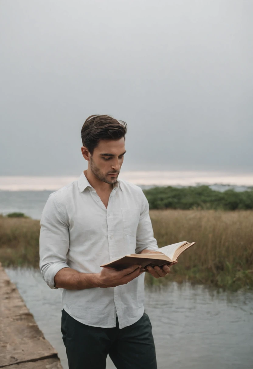 The man in the water holds a book in his hand, Retrato hiper-realista em um rio, Nadav Kander, alessio albi, retrato do livro, no lago