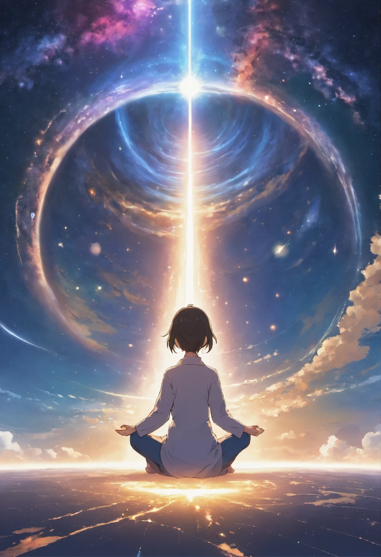 Suppose you divide an image into two main sections, The top half features a vast universe filled with beautiful galaxies, And the bottom half is、Shows a cross-section from Earth to mantle. no centro, Onde os dois mundos se encontram, Girl sitting in zen meditation pose.
A pillar of light emanates from the human head, Alcance para cima、Fusion into cosmic celestial bodies. This light represents a connection to the universe, Symbiosis of the individual with the infinite mysteries of the universe. Simultaneamente, Another pillar of light is、Descending from where humans are sitting, Penetrando profundamente no manto da Terra. That's、It means a grounding connection with the earth, Transcending it through meditation、Anchoring a person to physical reality.
The lighting in this image is as balanced as the air, Emphasize the duality of existence: Physics and metaphysics. Usando uma lente grande angular, 16-35mm f, etc./2.8, You can capture this wide range, Pequenas aberturas como F/11 allows you to focus on all the elements.
Regarding lighting, O macio, Jogando luz difusa sobre uma figura meditante、should give an almost ethereal glow, Ou seja, lighting lighting. For the background, Select Dynamic Contrast and click、Fly out of the galaxy and the inner layers of the Earth, presumivelmente、Use post-production techniques to fine-tune details.
