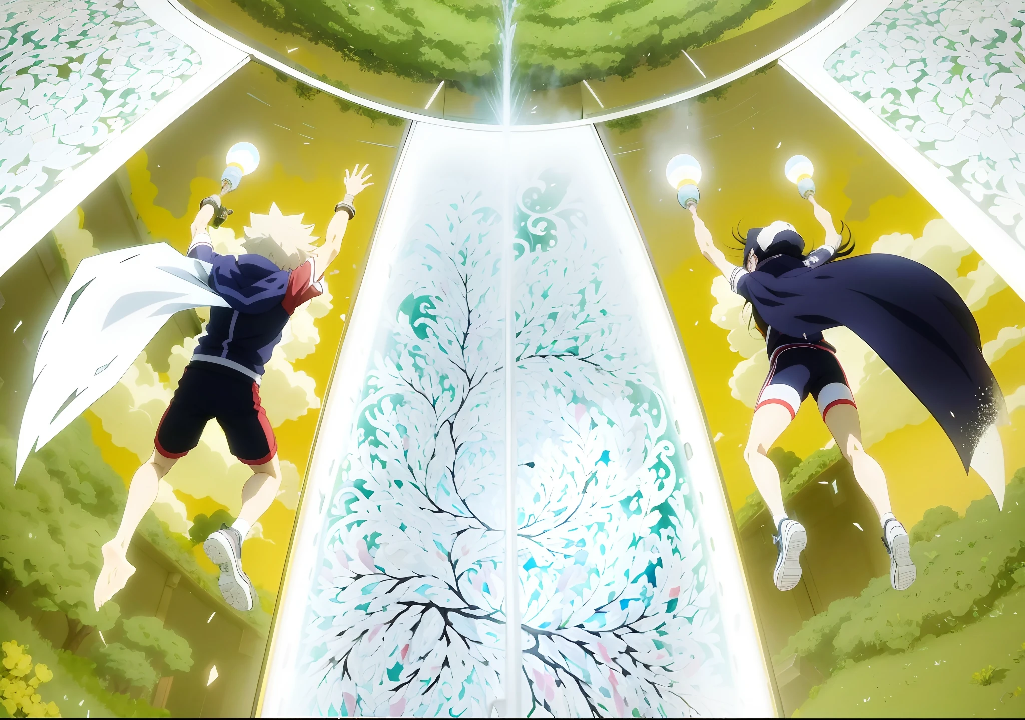 "There are two people with an illusioned aura, captura de tela de um anime de 2012, anime ainda, Captura de tela do filme de anime, Ainda de anime de TV, filme de anime ainda, de yowamushi pedal, Anime still image, ainda de anime, Anime de hoje ainda em destaque, Captura de tela do anime Guro, captura de tela do filme anime, Salto Shounen, homem e mulher sendo puxados para cima, voando, asas, a wing just for each. mulher asa escura, homem asa branca, globo de luz ao centro"