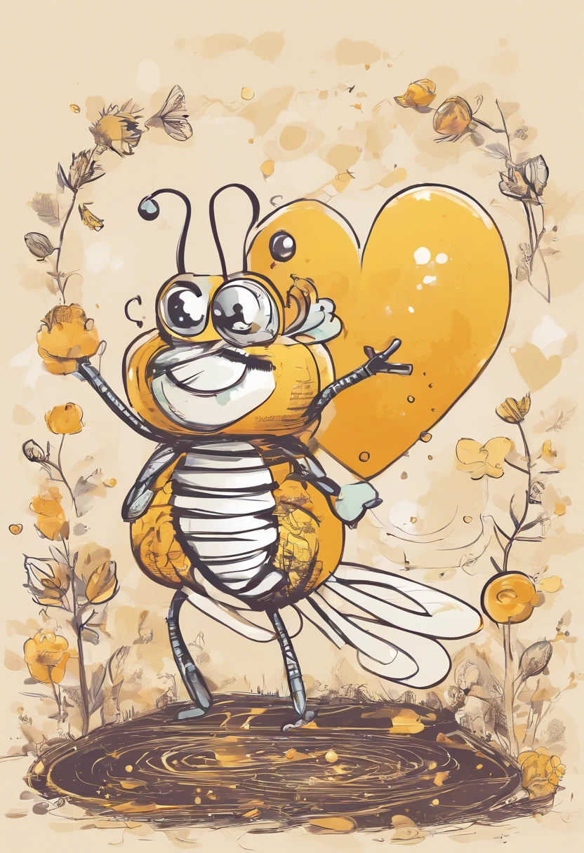 A cartoon bee with honey and a heart, Abelha feliz, Abelhas, (abelha), colmeia de mel e abelhas, mel, vestindo mel, feito de abelhas, que!, mel pingando, abelha, abelha grande, feito de mel, pingando mel, 🐿🍸🍋, 🪔 🎨;🌞🌄, abelhas cobrindo todo o corpo
