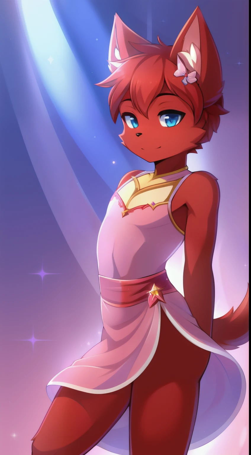 masterpiece, soft shading, 1boy, Furry, furry cat, anthropomorphic, male, red fur, red skin, blue eyes, magical girl theme, revealing clothes, magical girl outfit, magical girl dress, femboy, sexy pose, uploaded on e621,