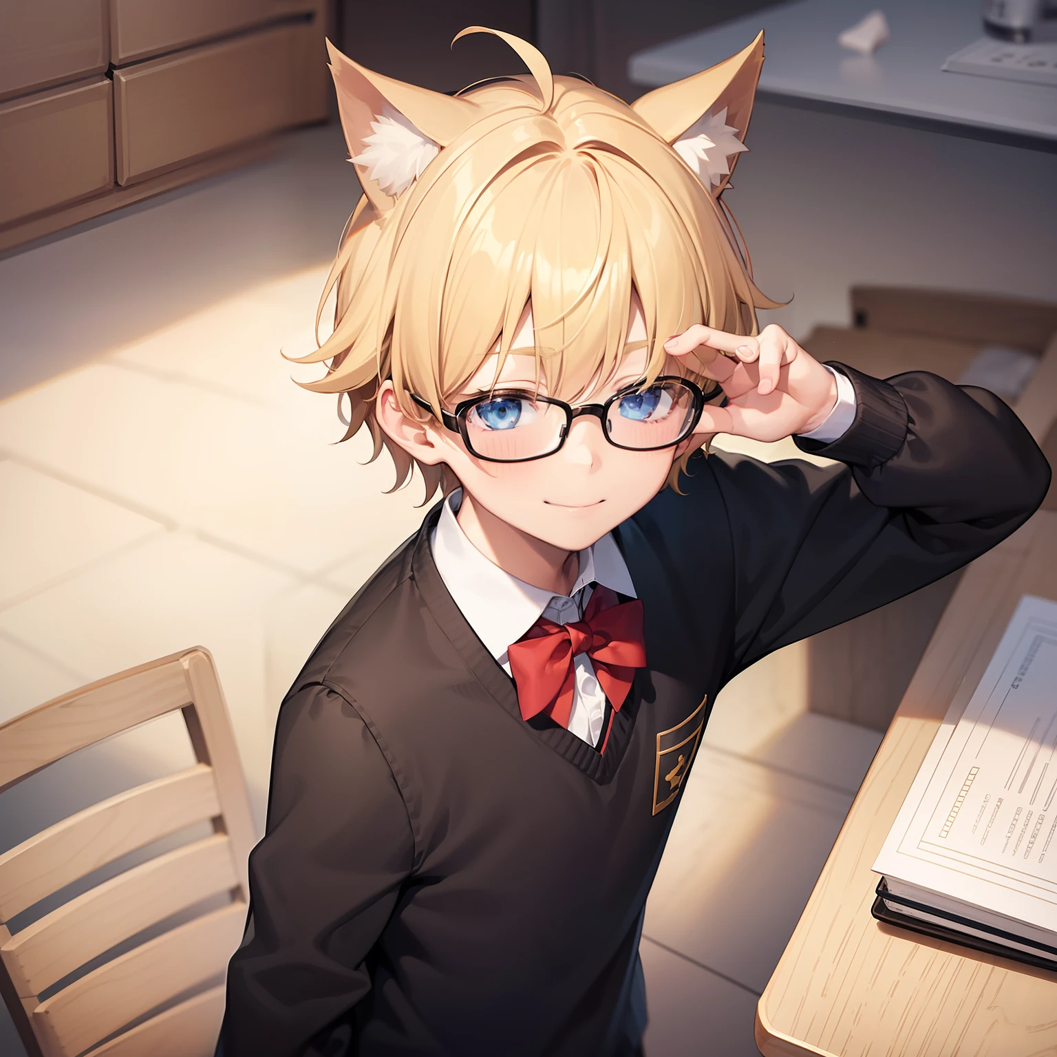 young boy, , blonde spiky hair, blonde cat ears, square glasses, white school uniform, light cyan eyes, bashful, mischievous smile, looking at viewer, home muji style, male